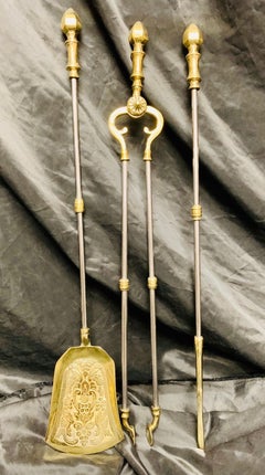 Victorian Set of Polished Brass and Steel Fire Tools with Rests
