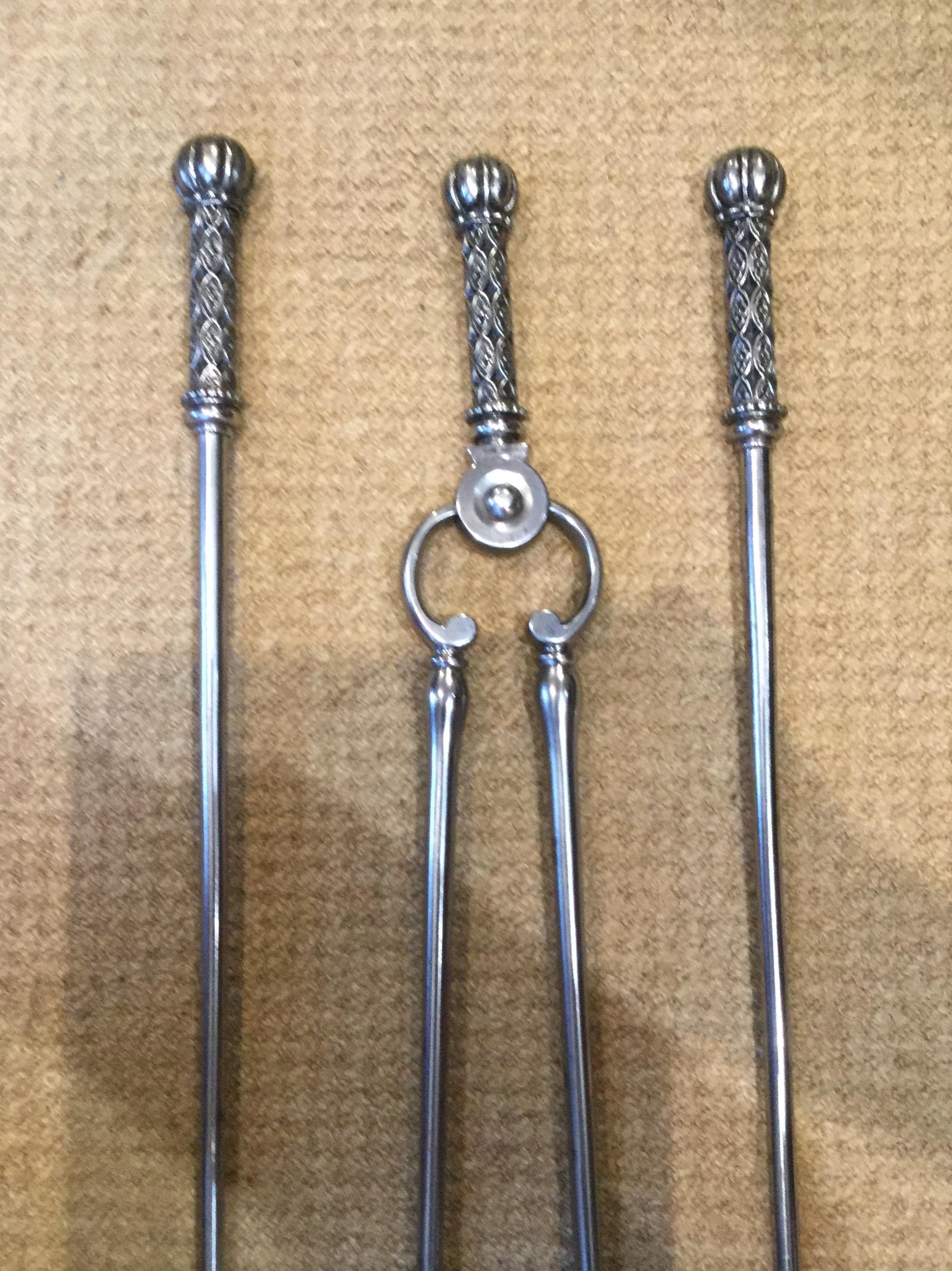 English Victorian Set of Steel Fire Irons Comprising Tongs, Poker and Shovel For Sale