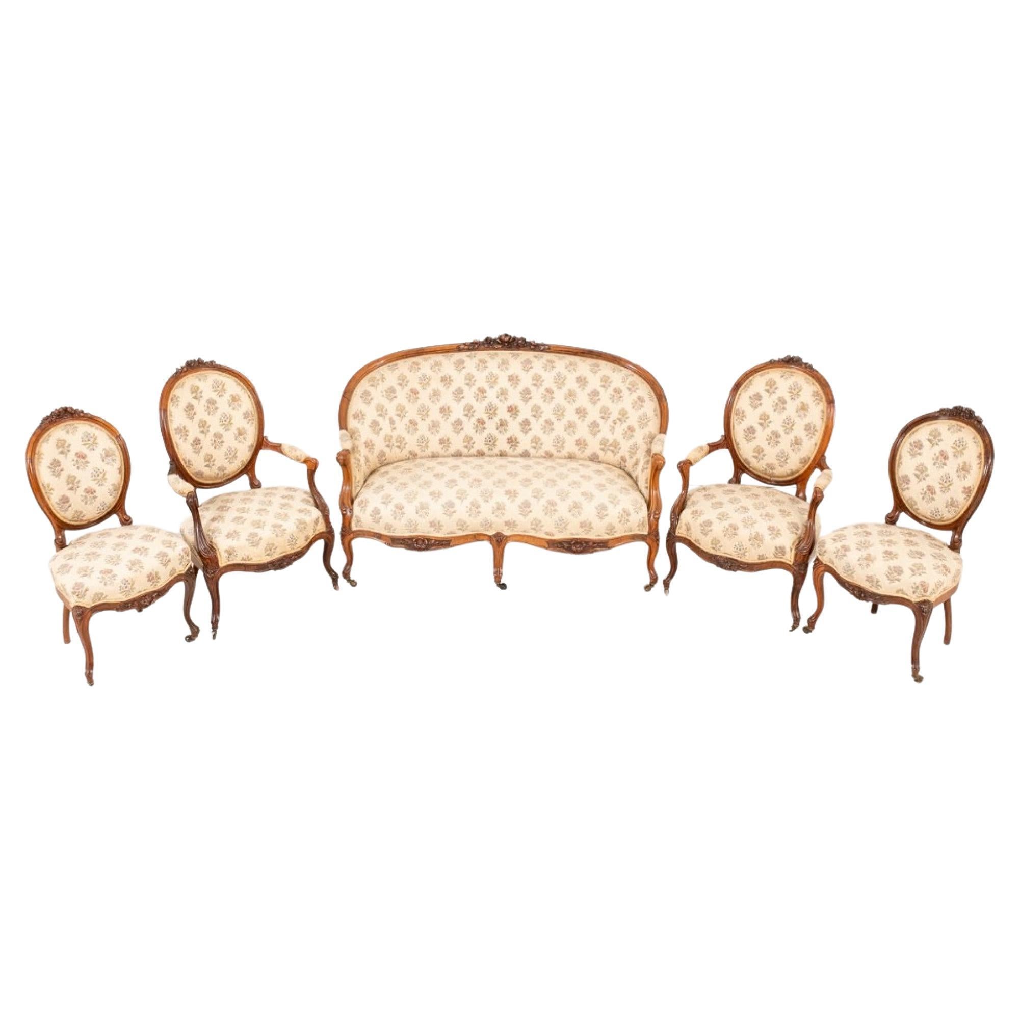 Victorian Settee Chair Set Antique Couch Parlour Suite, 1860