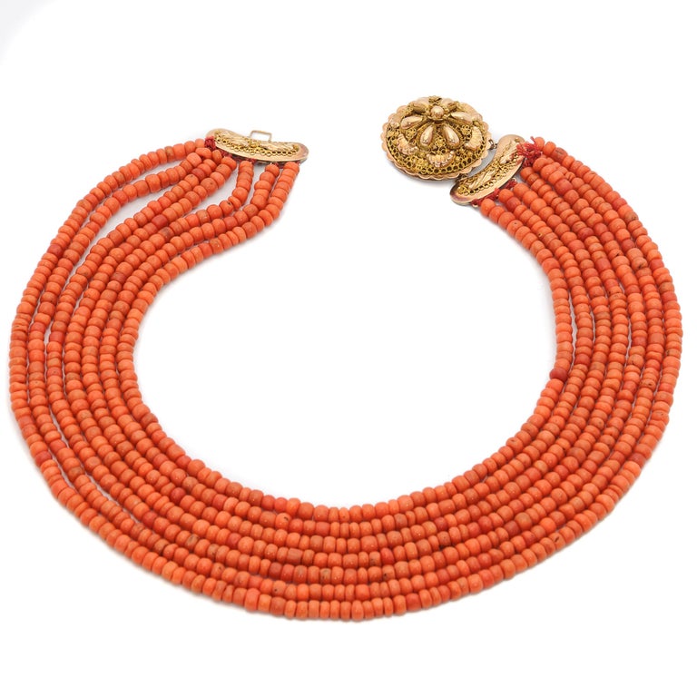 14K Gold Red Coral MultiStrand Beaded Necklace For Sale at 1stDibs
