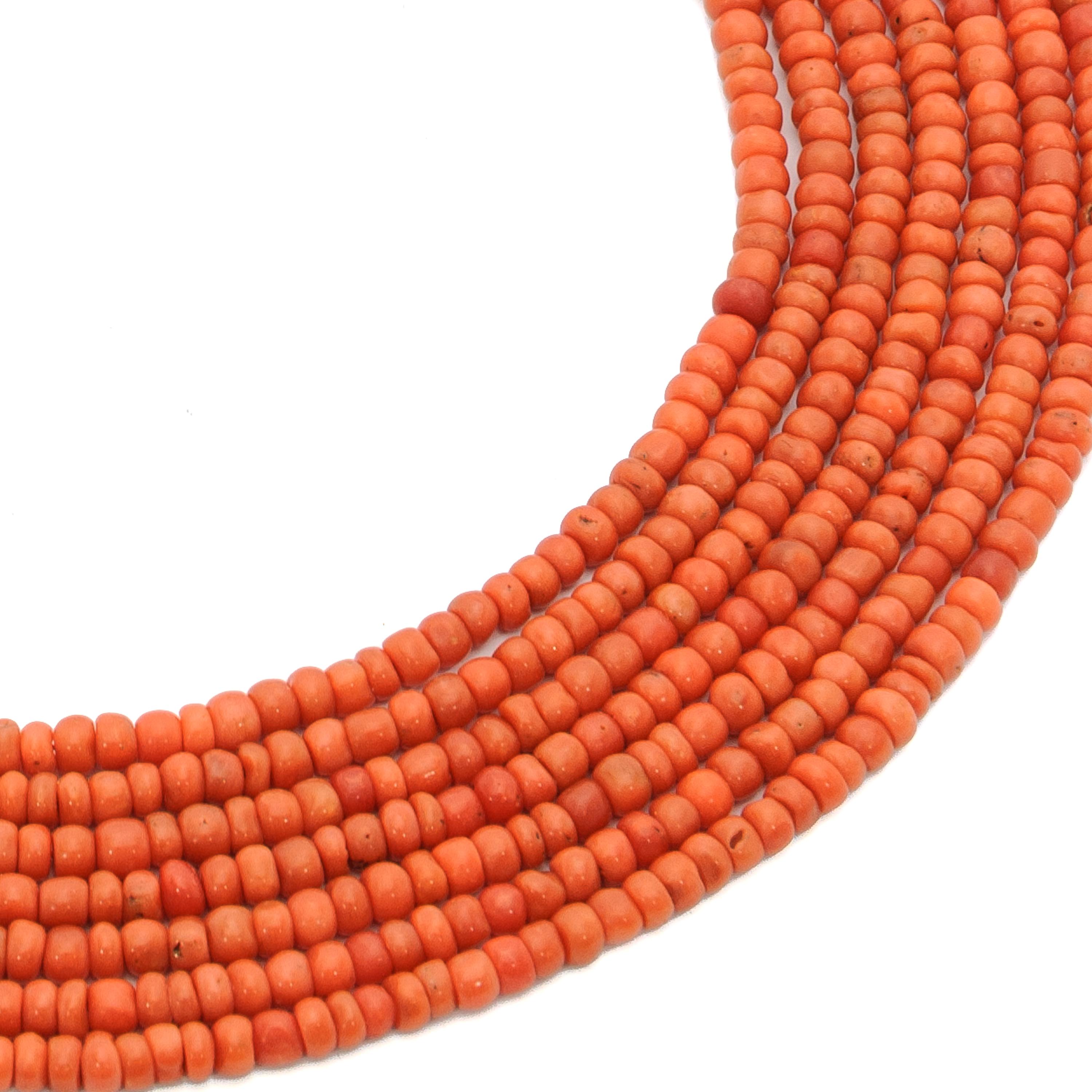 Round Cut Antique 14K Gold Red Coral Multi-Strand Beaded Necklace For Sale