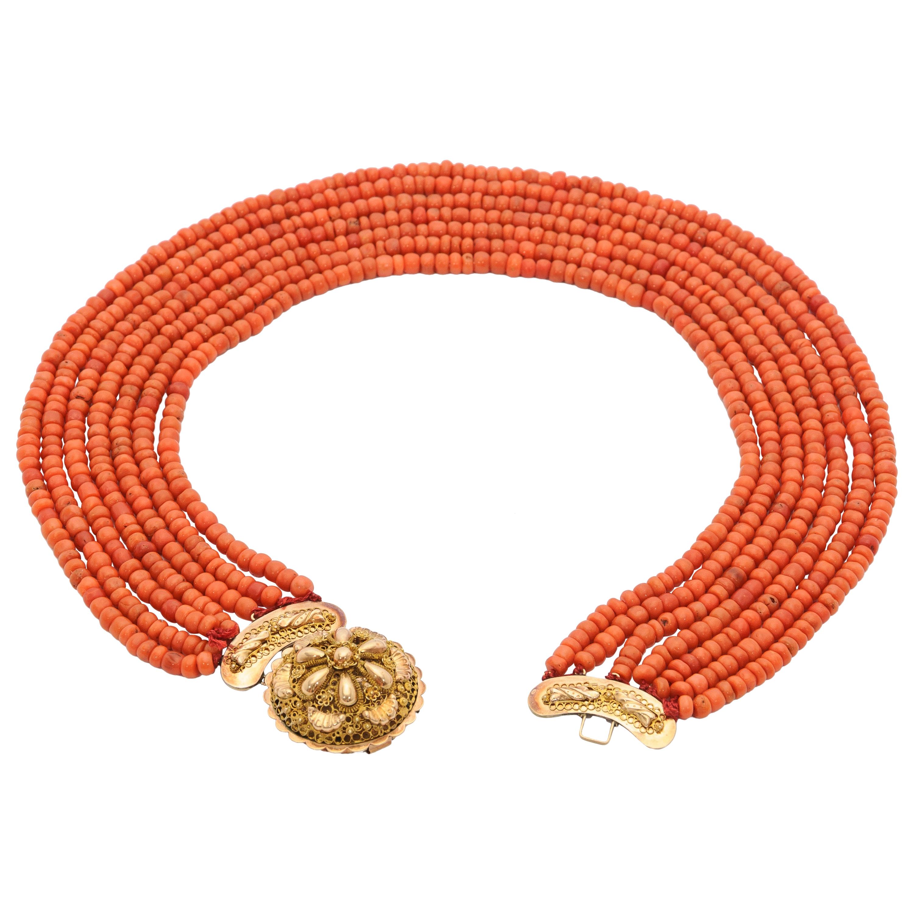 14K Gold Red Coral Multi-Strand Beaded Necklace