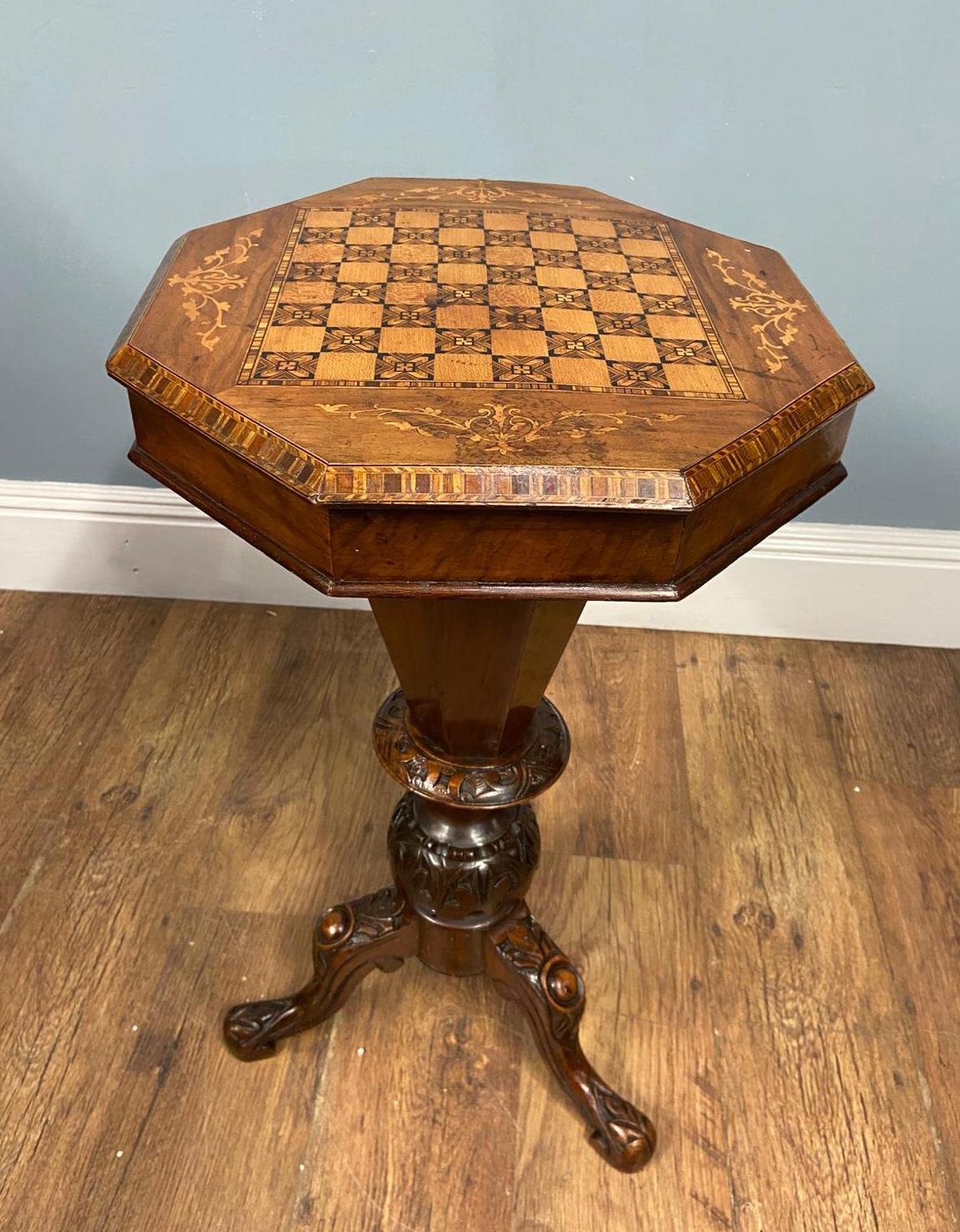 Woodwork Victorian Sewing Box Games Chess Table Side 1880 For Sale