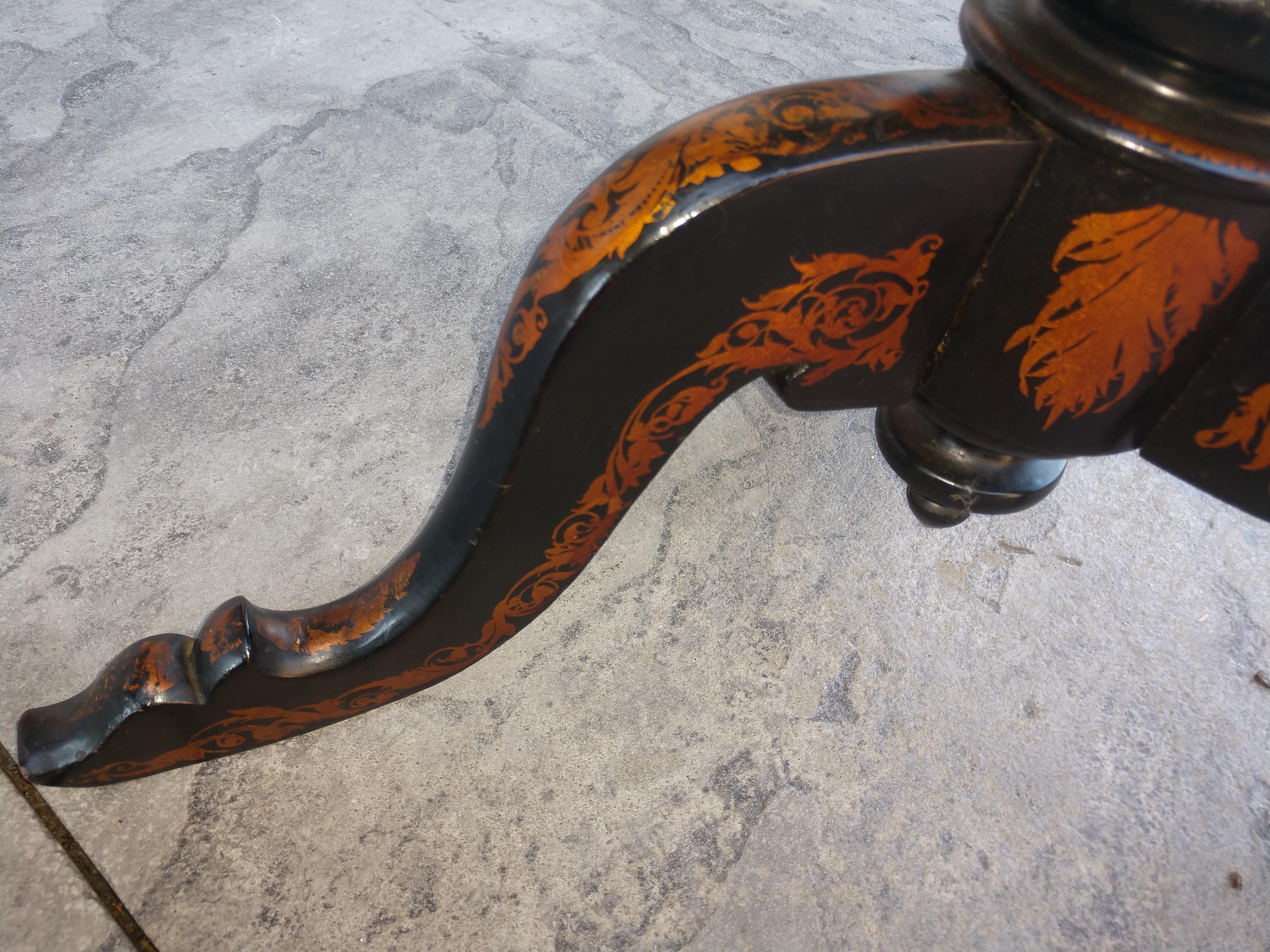 Victorian Paper Mache Black Laquer Sewing Stand Mother of Pearl and Stenciling For Sale 2