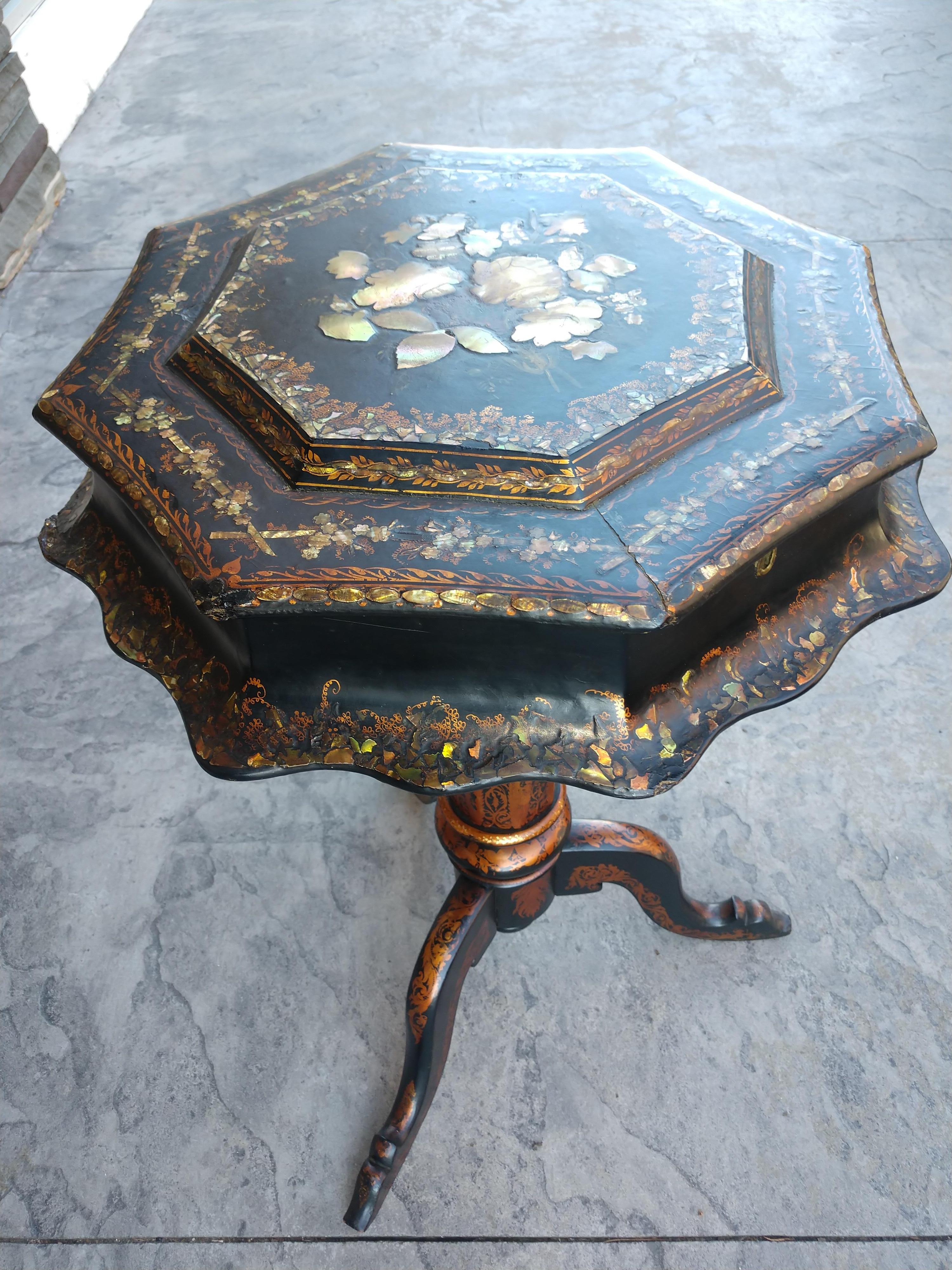 Victorian Paper Mache Black Laquer Sewing Stand Mother of Pearl and Stenciling For Sale 4