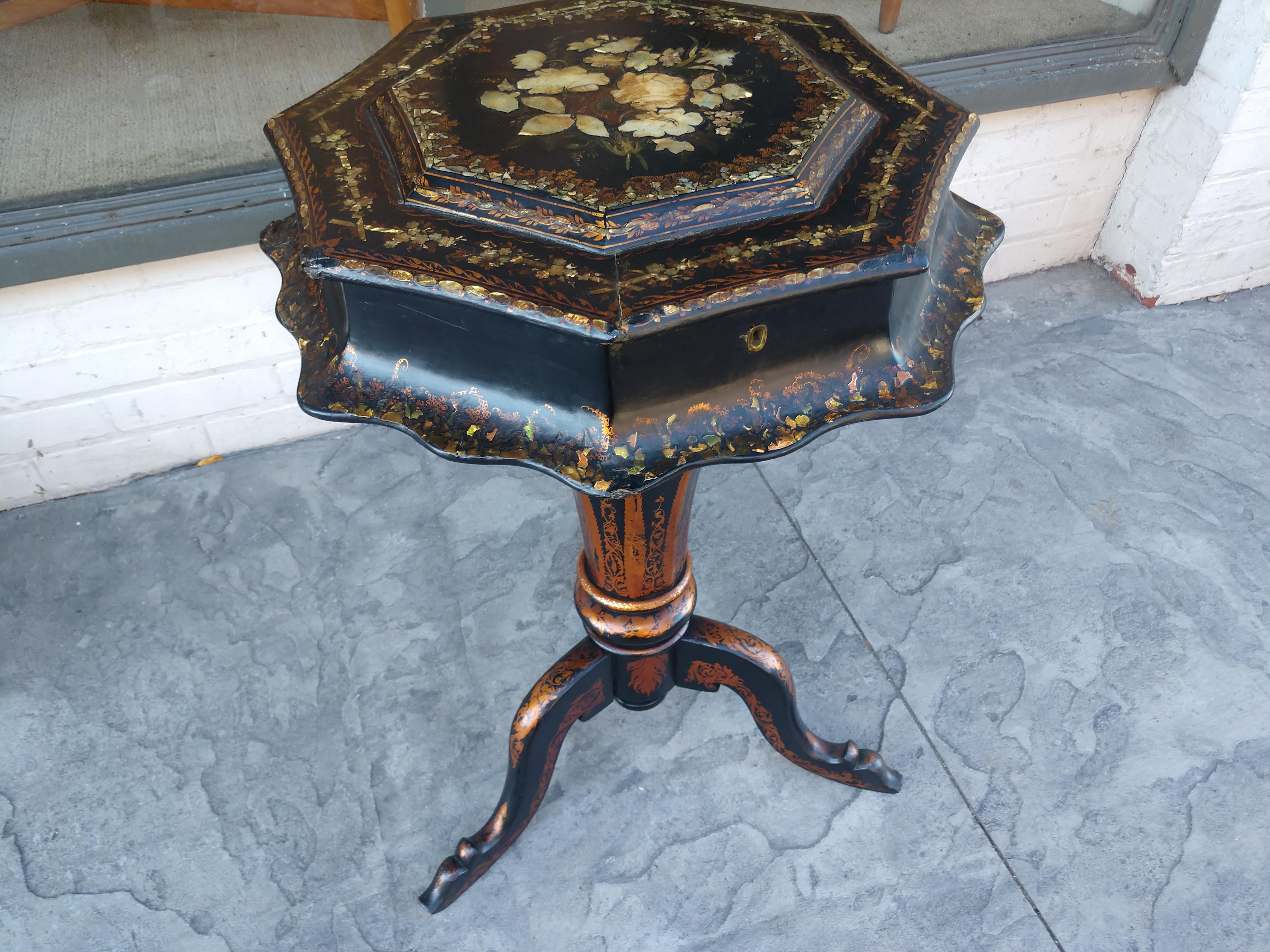 Victorian Sewing Stand with Mother of Pearl and Stenciling For Sale 5