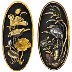 Victorian Shakudo 14 Karat Gold Mixed Metal Floral Bird Men's Cufflinks