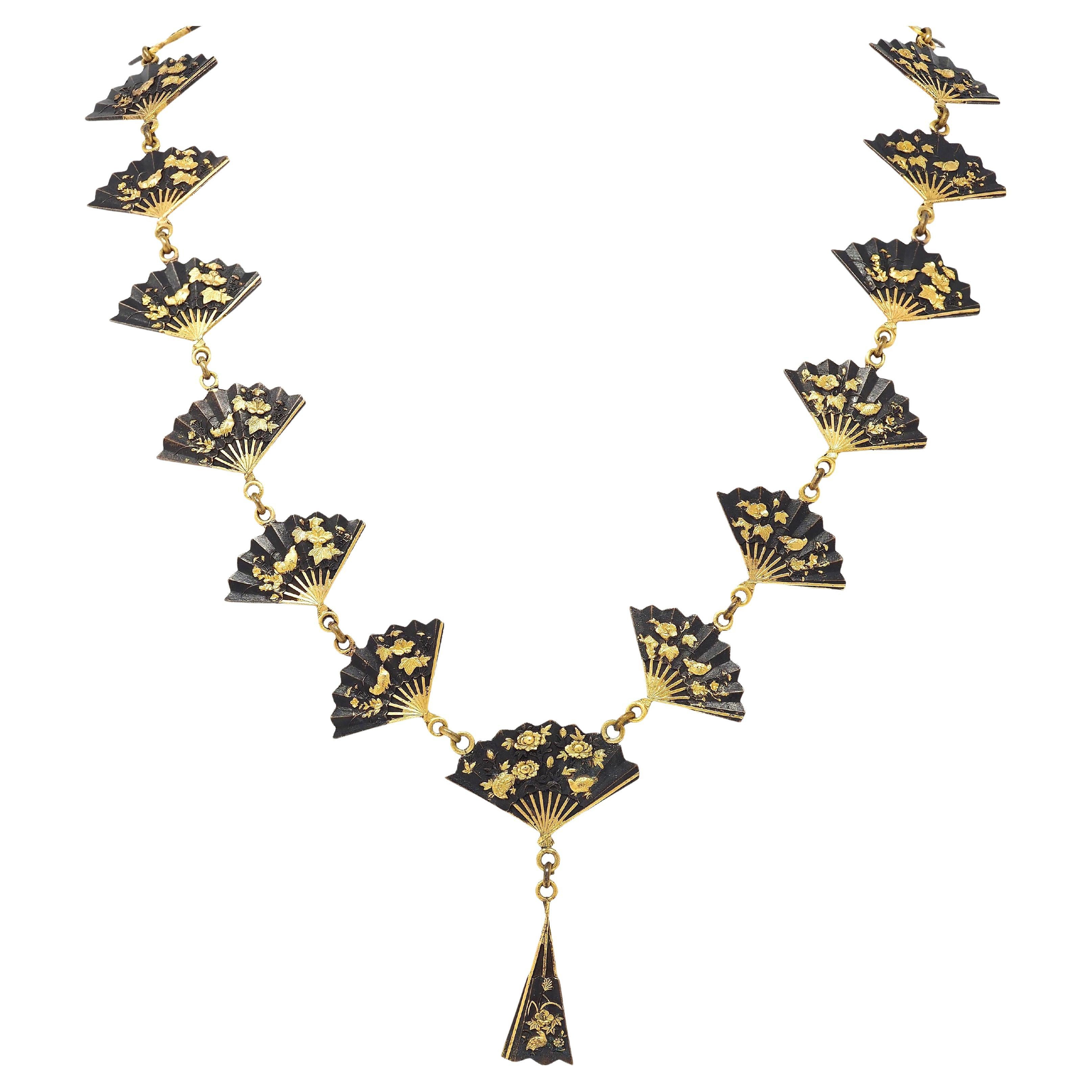 Victorian Shakudo 14 Karat Yellow Gold Antique Japanese Fan Sautoir Necklace