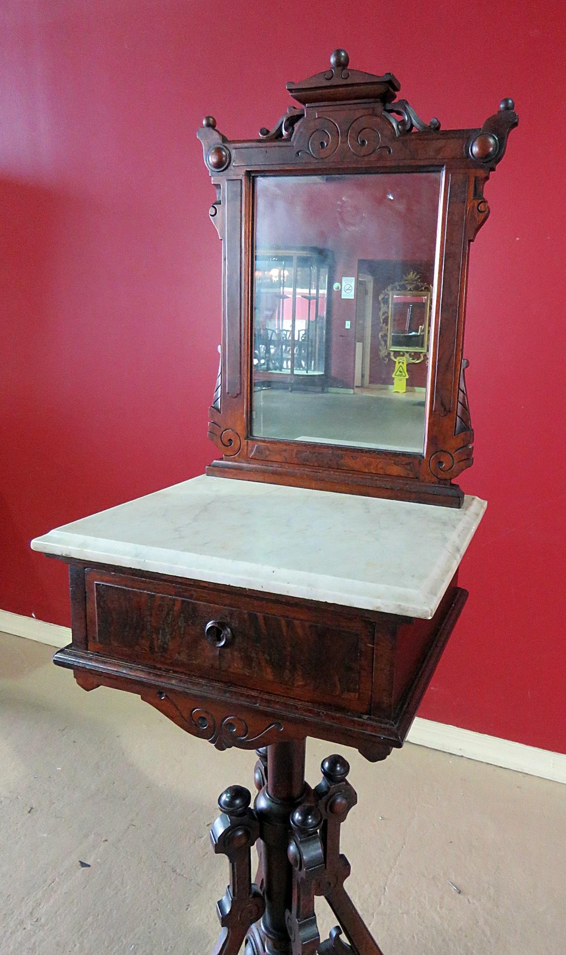 American Burled Walnut and Marble Renaissance Revival Shaving Stand C1870