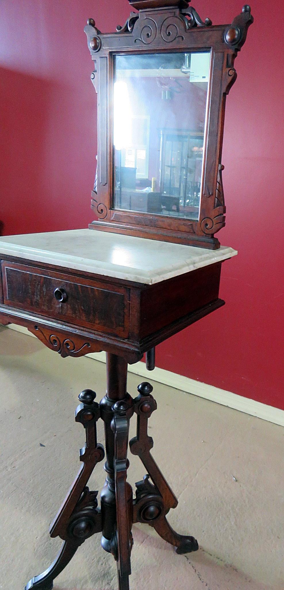 Mirror Burled Walnut and Marble Renaissance Revival Shaving Stand C1870