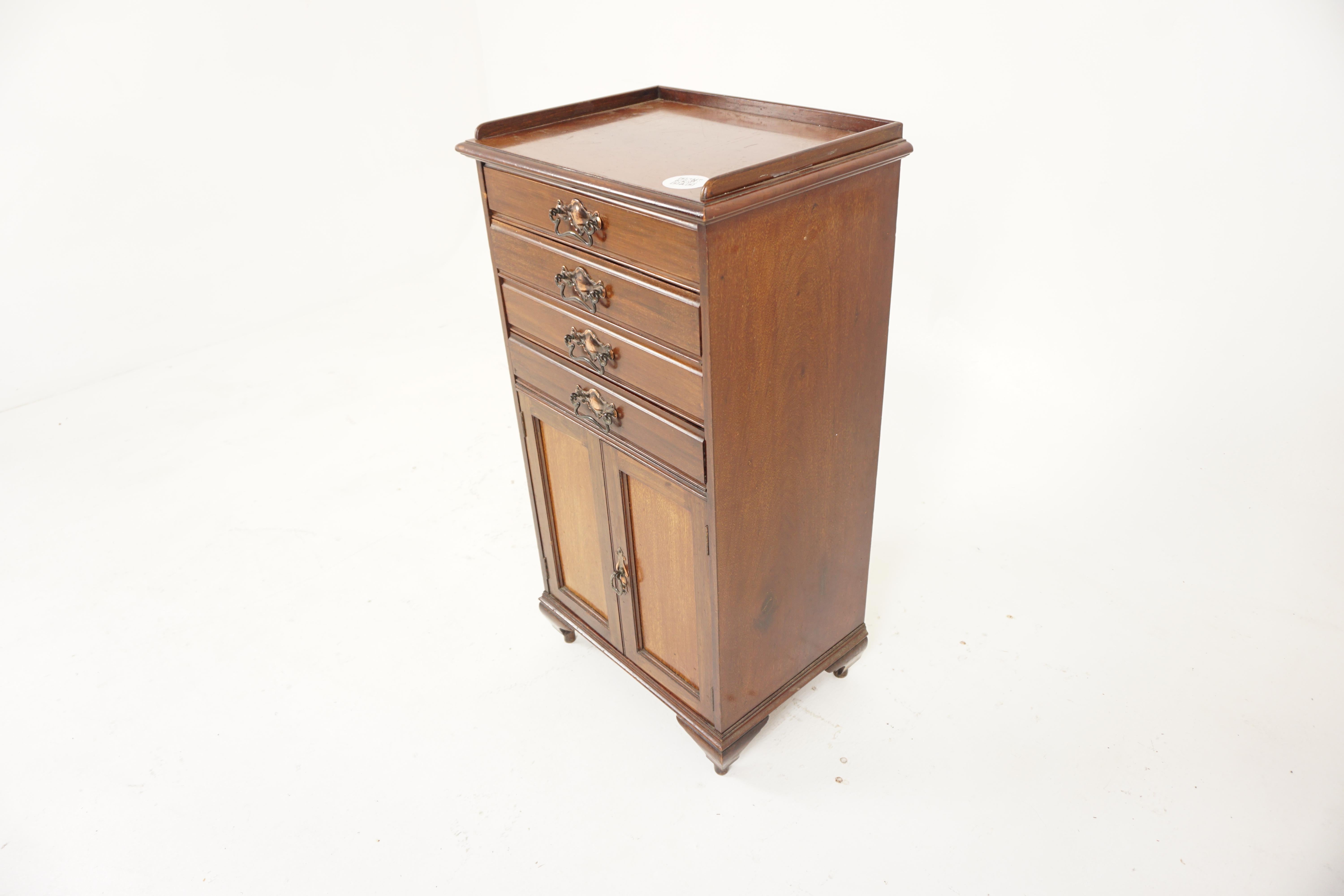 Ant. Victorian walnut sheet music cabinet, file, cabinet, chest of drawers, Scotland 1880, H858

Scotland 1880
Solid Walnut
Original Finish
With a galleried top
It comprises of four drawers which drop down when opened to allow sheet music