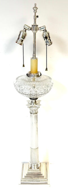Viktorianische Lampe aus Sheffield-Platte mit korinthischer Säule und geschliffenem Kristall, Hinks & Co.