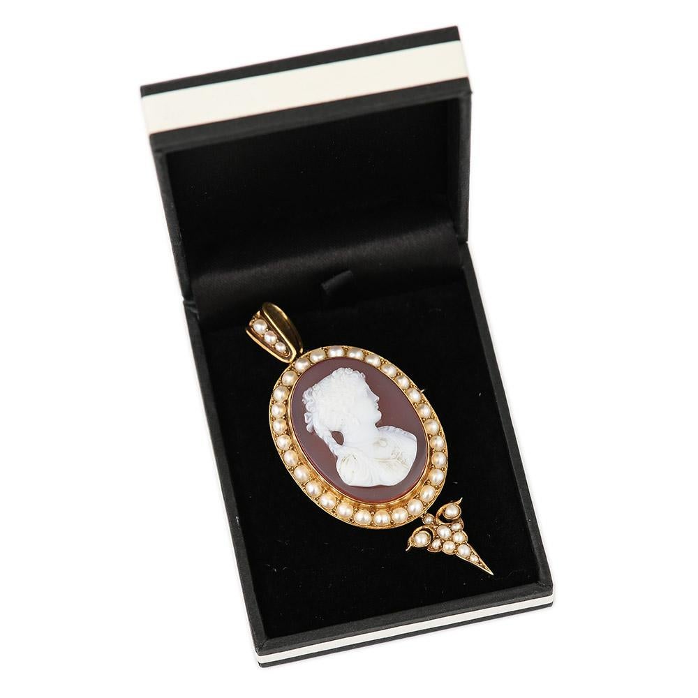 Victorian Shell Cameo and Pearl Pendant Brooch 15 Karat Gold, circa 1890 6