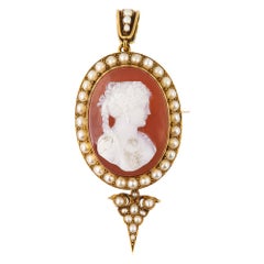 Antique Victorian Shell Cameo and Pearl Pendant Brooch 15 Karat Gold, circa 1890