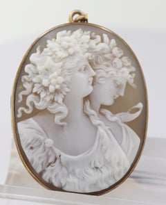 Victorian Shell Cameo Bacchus and Ariadne, 12K Yellow Gold Locket, Pendant