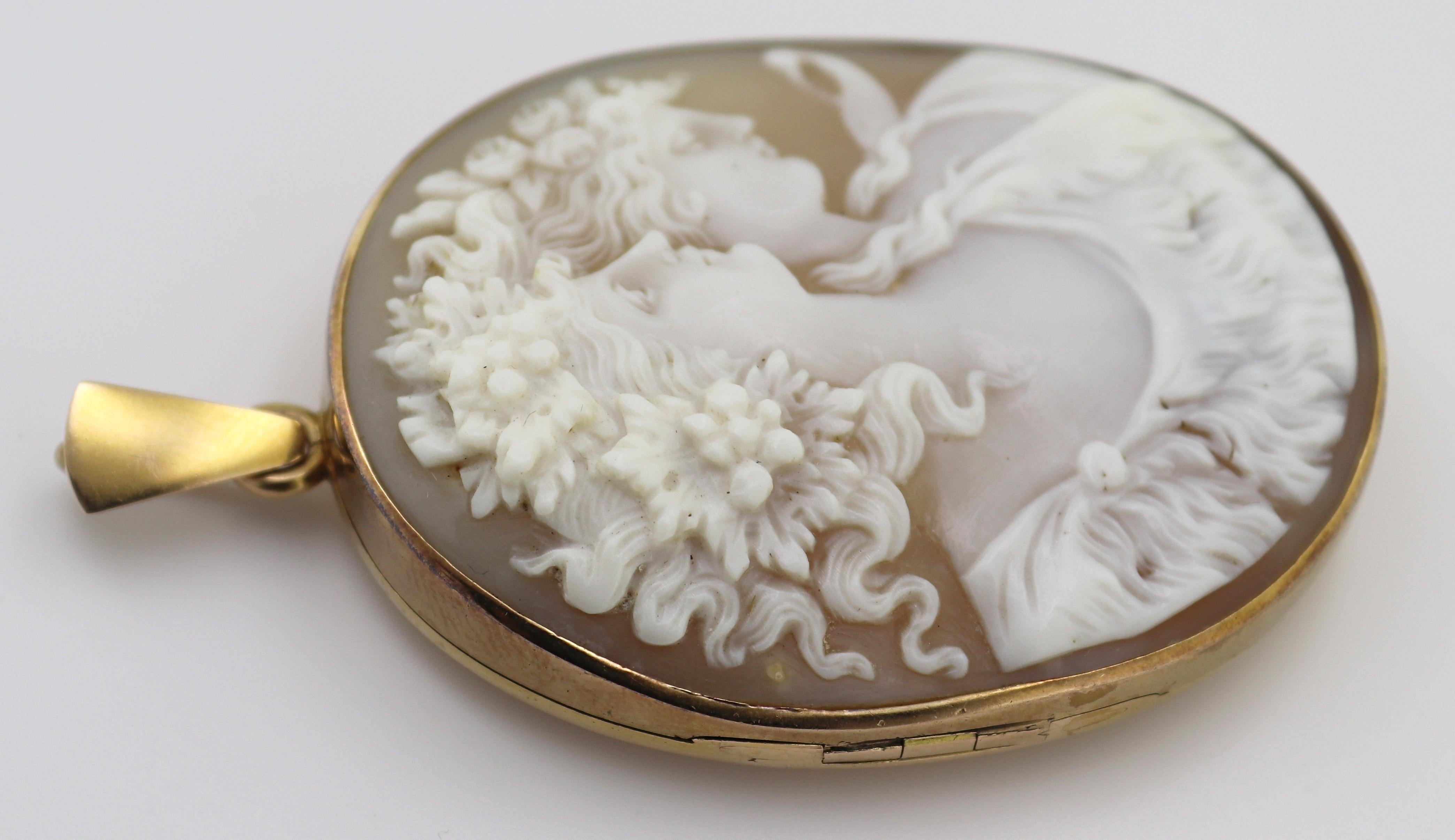 Artisan Victorian Shell Cameo Bacchus and Ariadne, 12K Yellow Gold Locket, Pendant For Sale