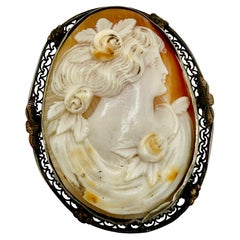 Victorian Shell Cameo Brooch in Filigree Brass Frame, Late 19th Century