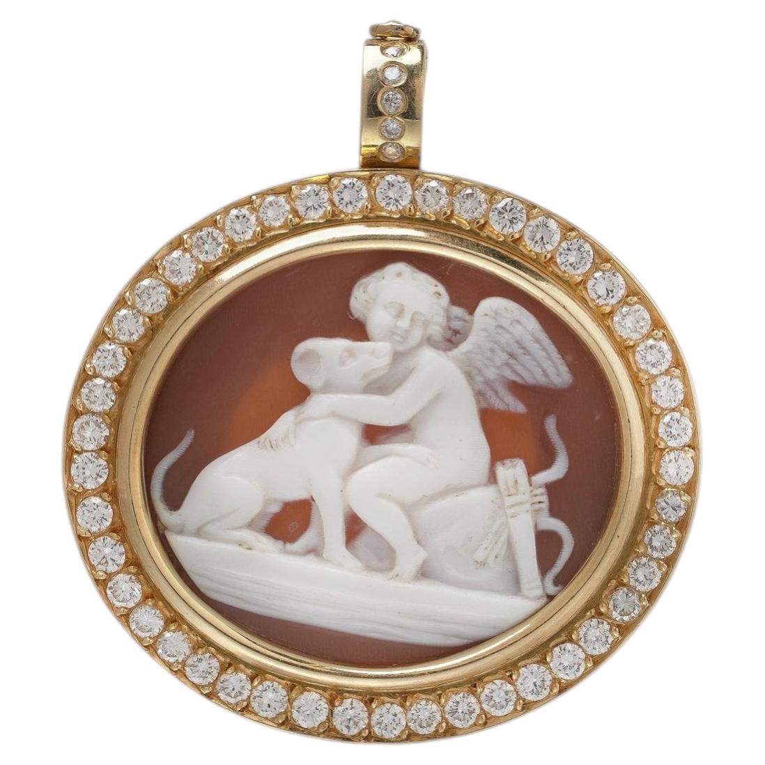 Victorian Shell Cameo of Cupid and Hound in a 18KT Gold Pendant Brooch