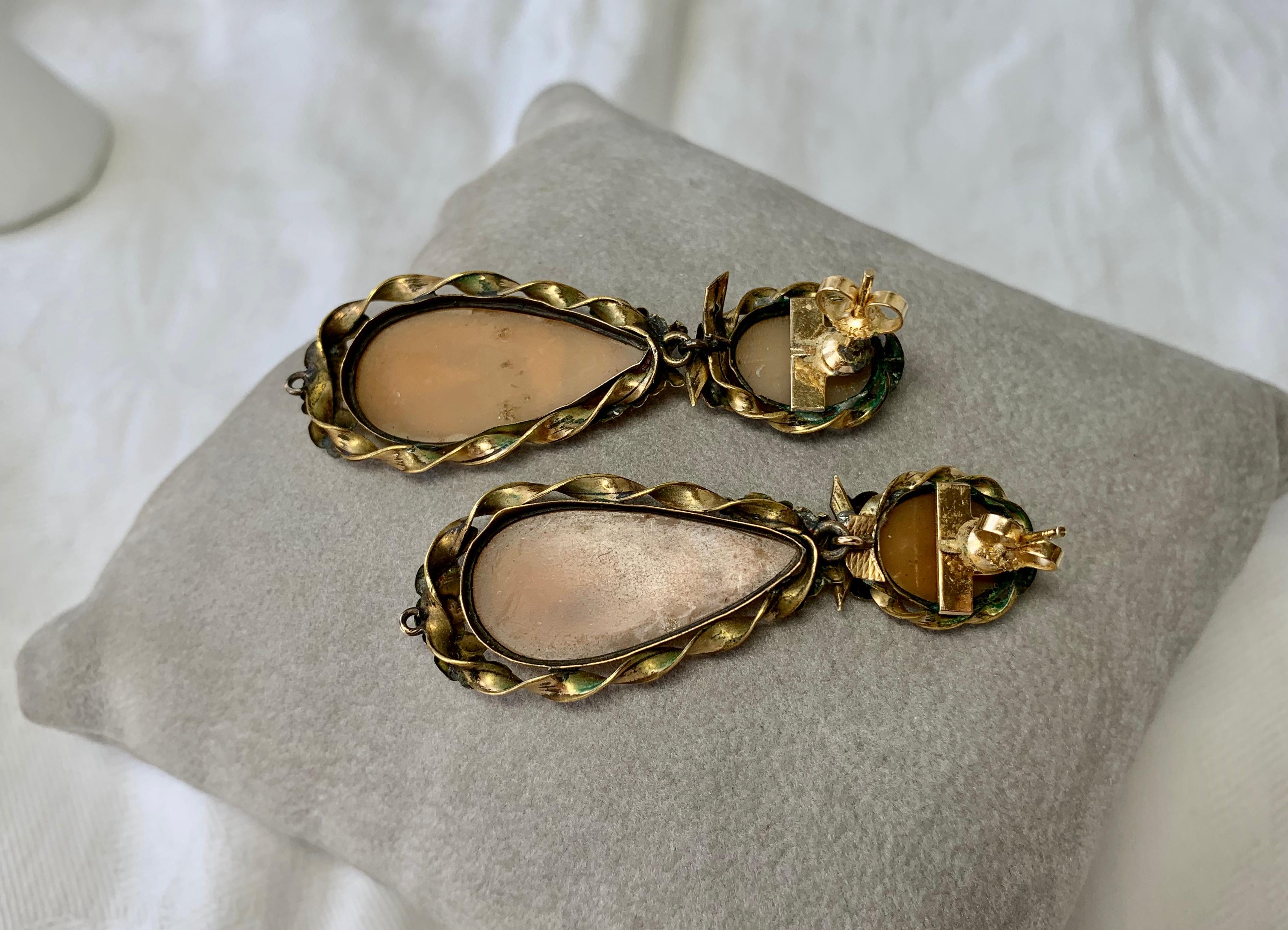 Victorian Shell Cameo Pendant Earrings in Gold 2 Inches Long Woman Under Tree For Sale 6