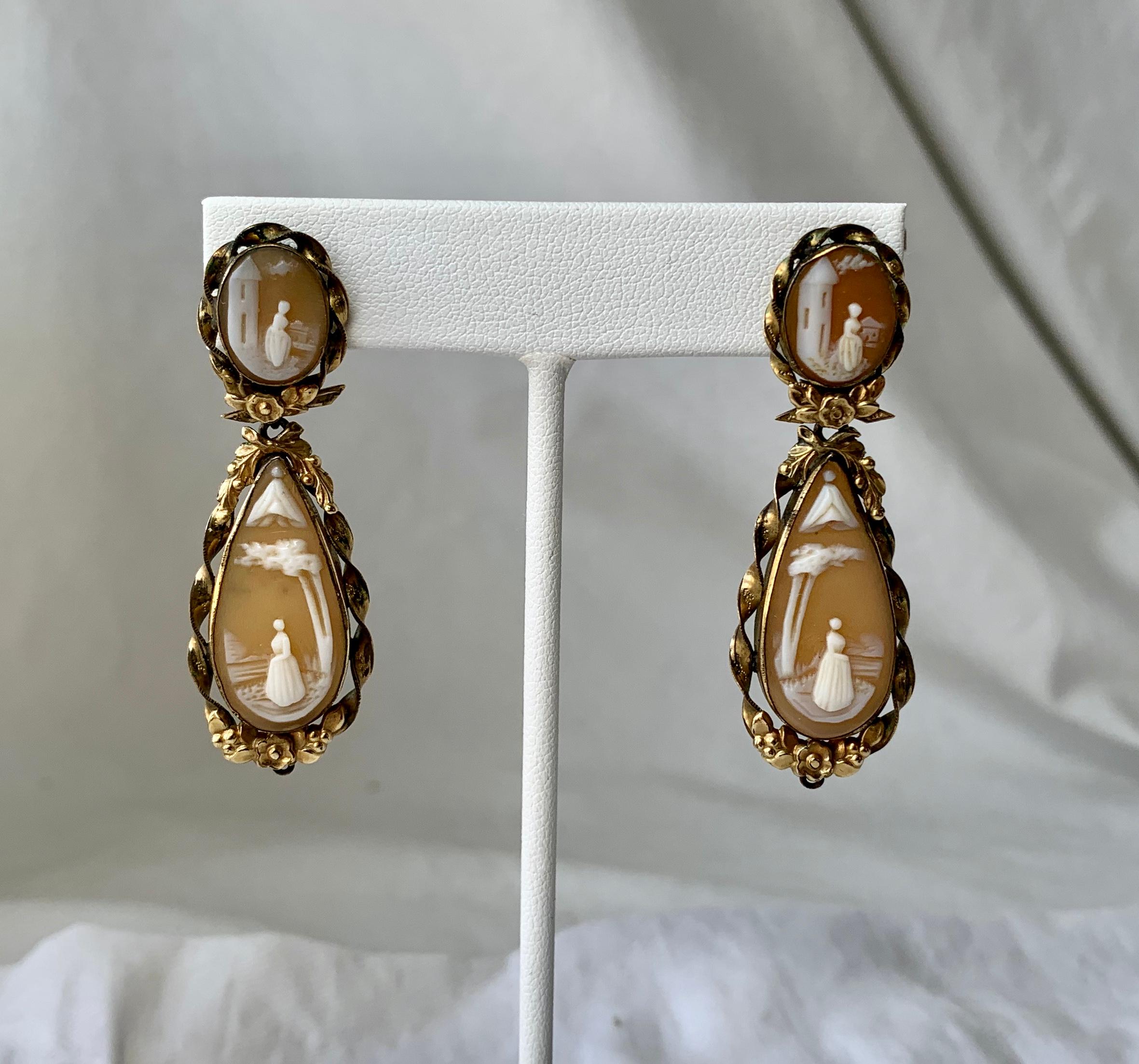 Victorian Shell Cameo Pendant Earrings in Gold 2 Inches Long Woman Under Tree In Good Condition For Sale In New York, NY