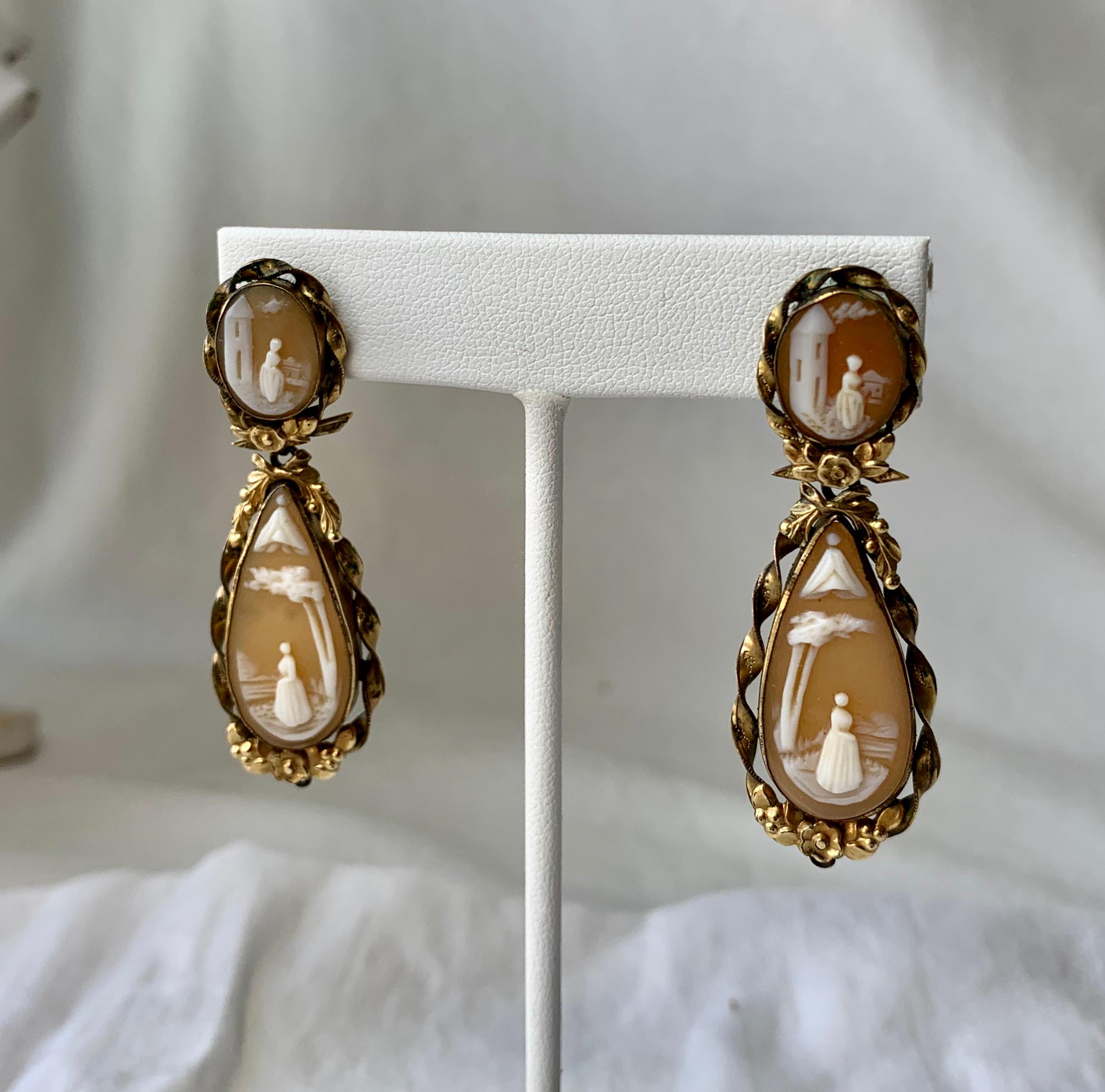 Women's Victorian Shell Cameo Pendant Earrings in Gold 2 Inches Long Woman Under Tree