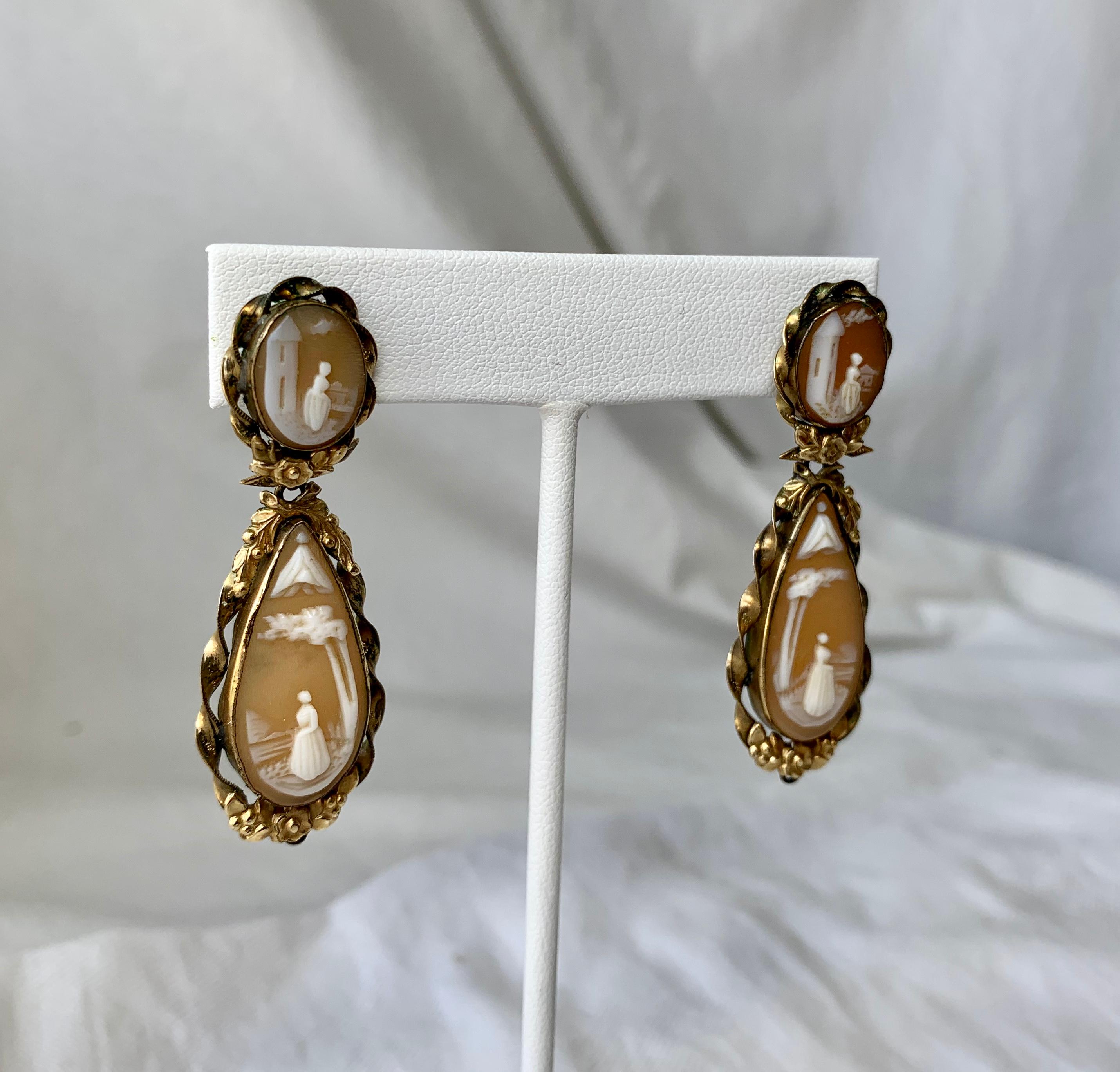 Victorian Shell Cameo Pendant Earrings in Gold 2 Inches Long Woman Under Tree For Sale 1