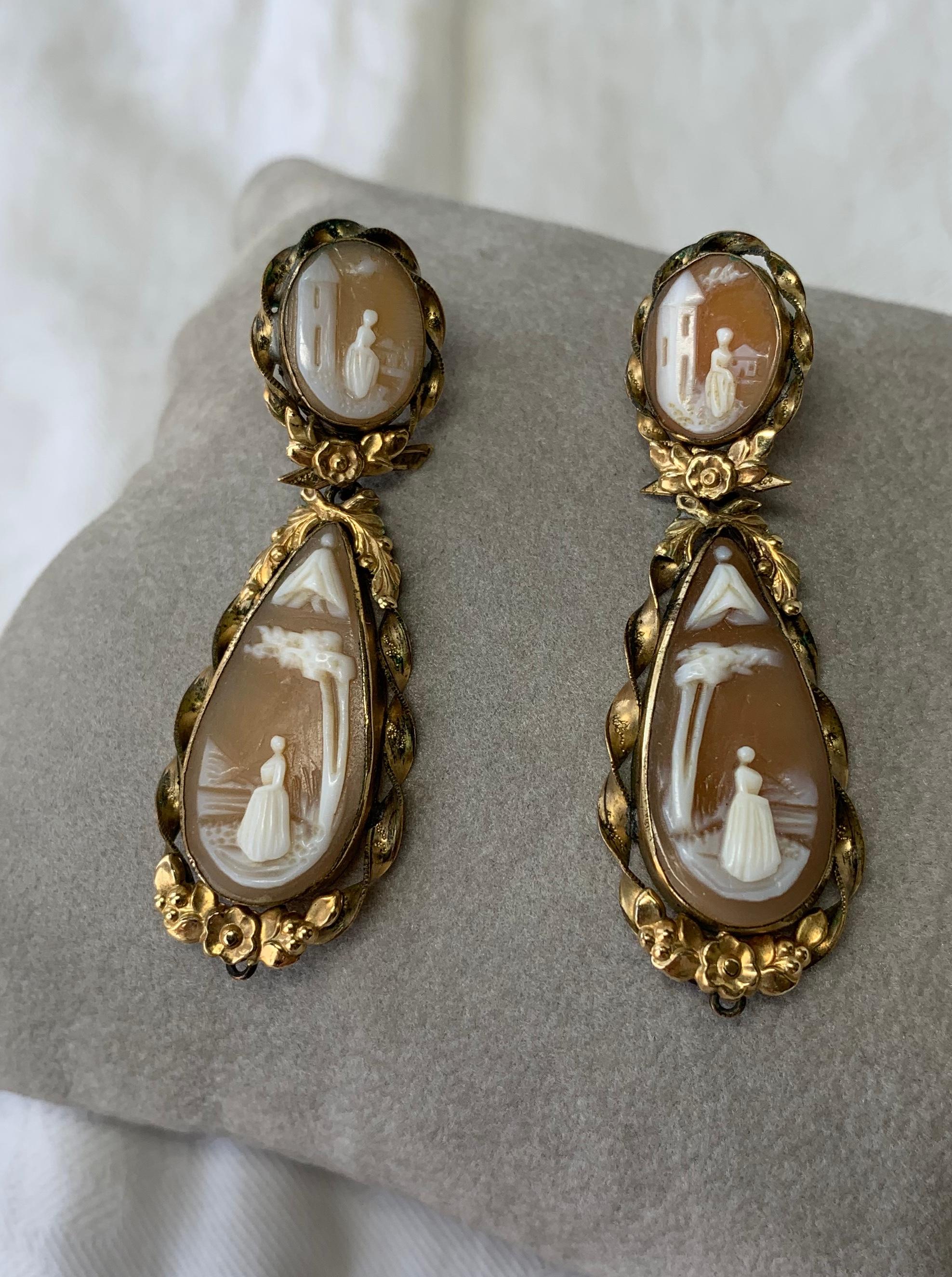 Victorian Shell Cameo Pendant Earrings in Gold 2 Inches Long Woman Under Tree 2