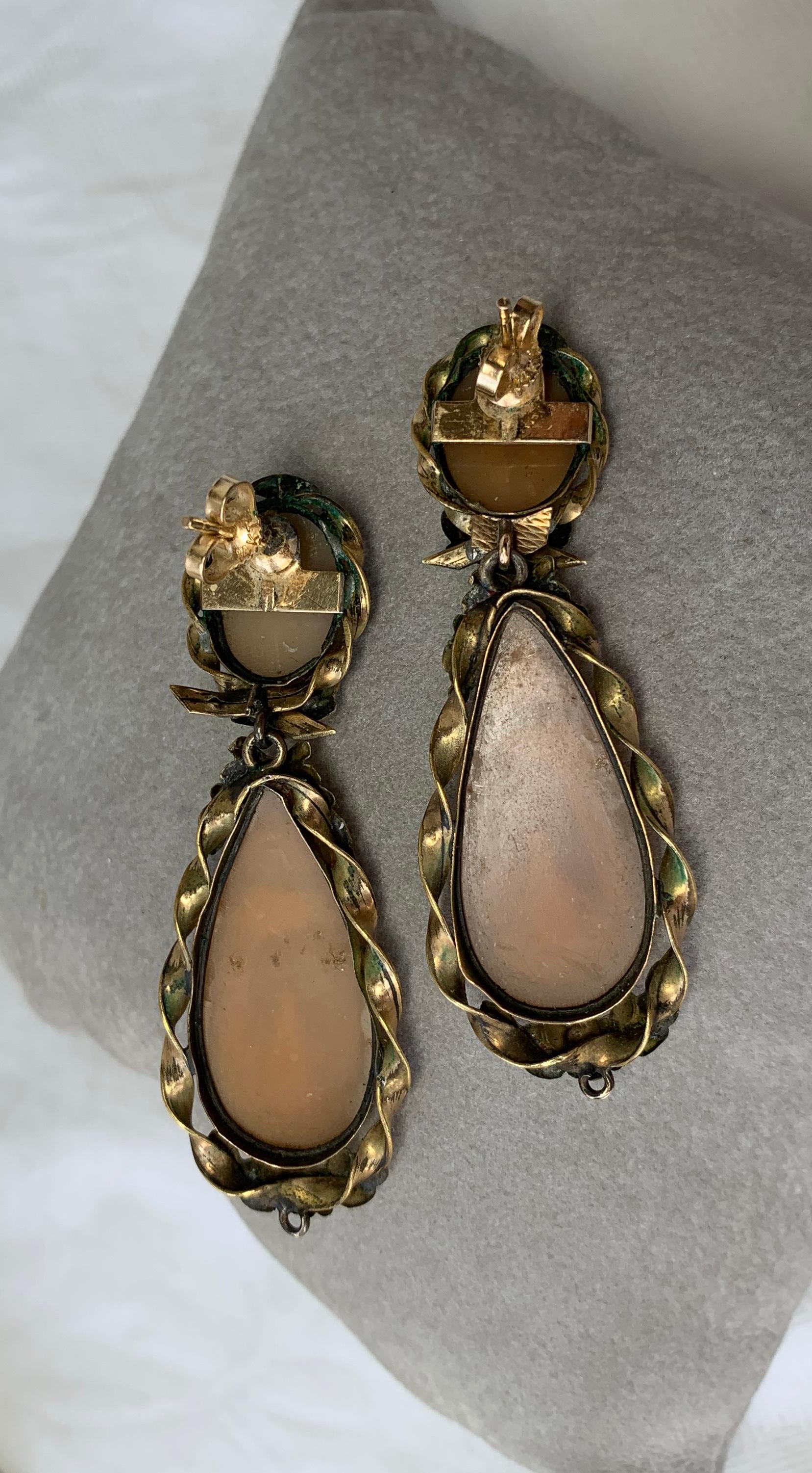 Victorian Shell Cameo Pendant Earrings in Gold 2 Inches Long Woman Under Tree For Sale 4