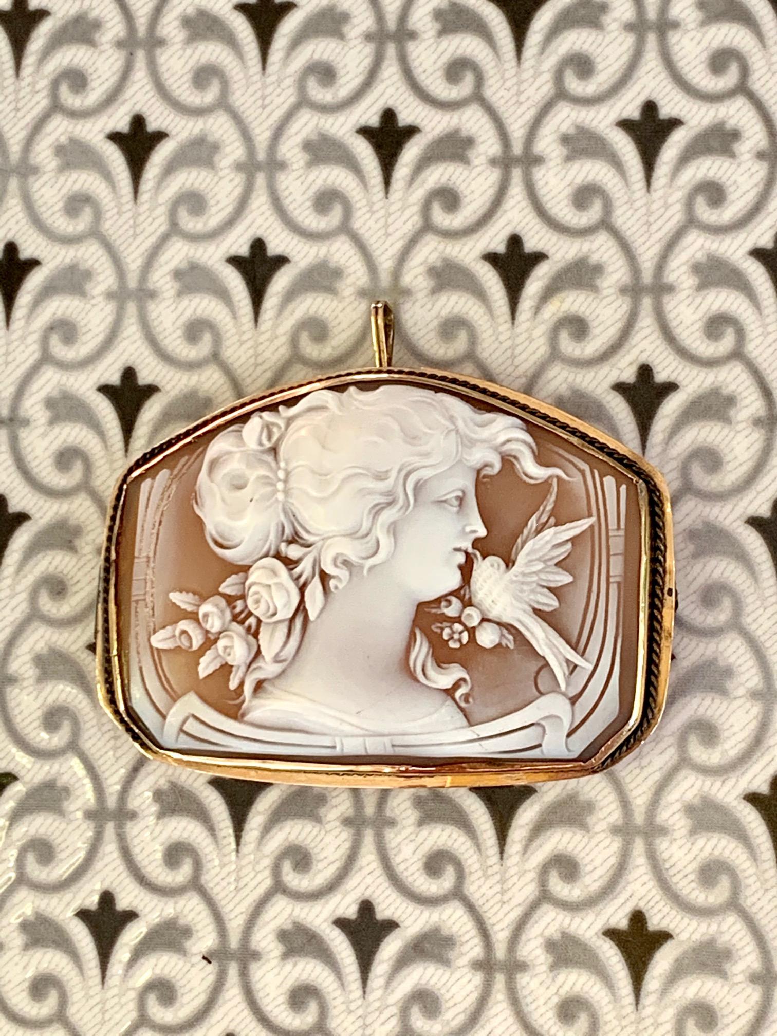 Victorian Shell Cameo Pin and Pendant in 14 Karat Yellow Gold 3