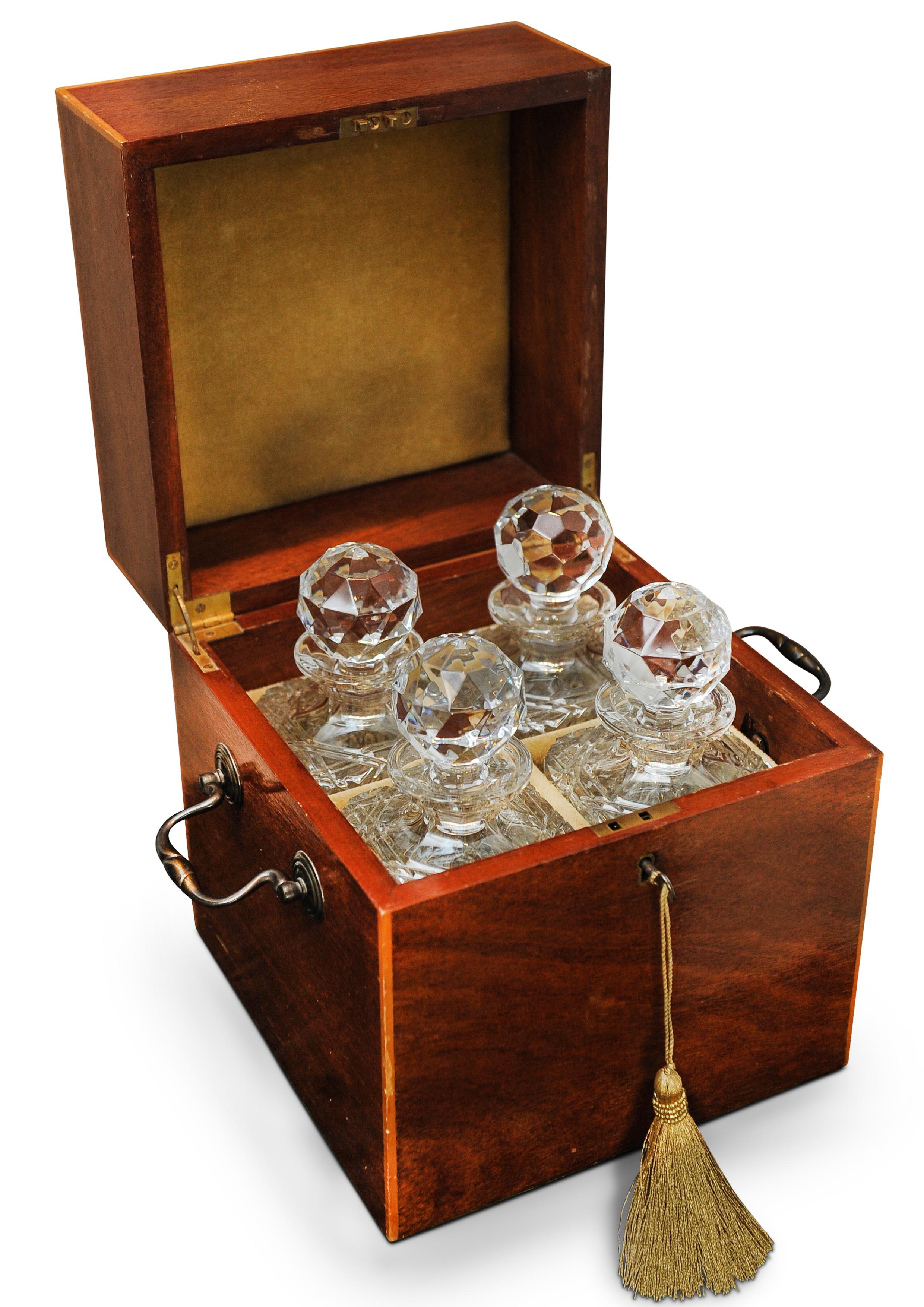 Cut Glass Victorian Sheraton Revival Inlaid Decanter Box, With Four Atlantis Decanters For Sale