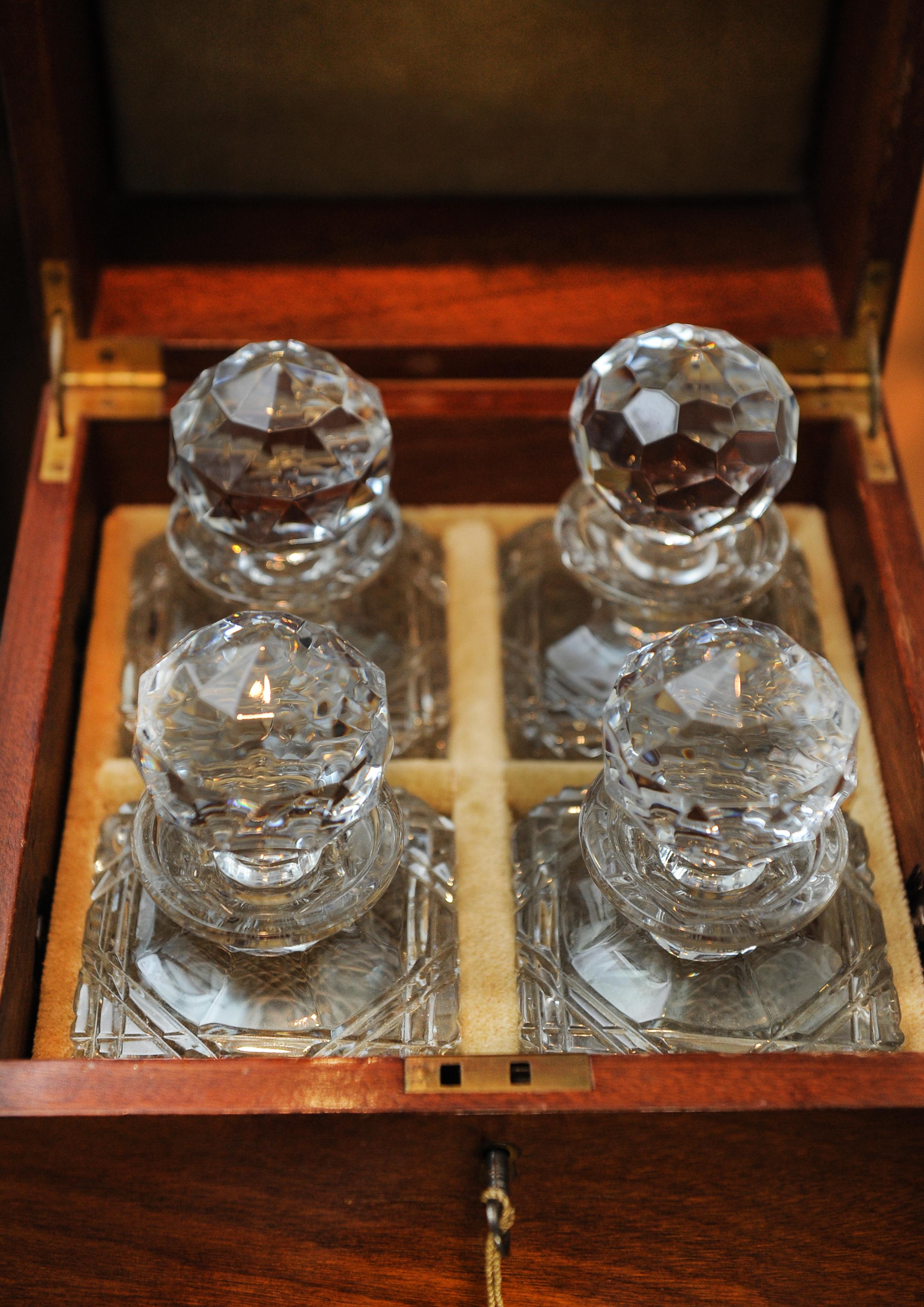 Victorian Sheraton Revival Inlaid Decanter Box, With Four Atlantis Decanters For Sale 1