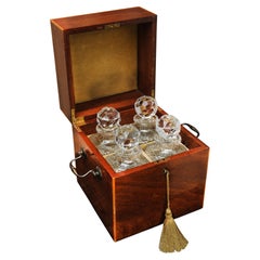 Antique Victorian Sheraton Revival Inlaid Decanter Box, With Four Atlantis Decanters