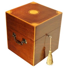 Antique Victorian Sheraton Revival Inlaid Decanter Box, With Four Atlantis Decanters