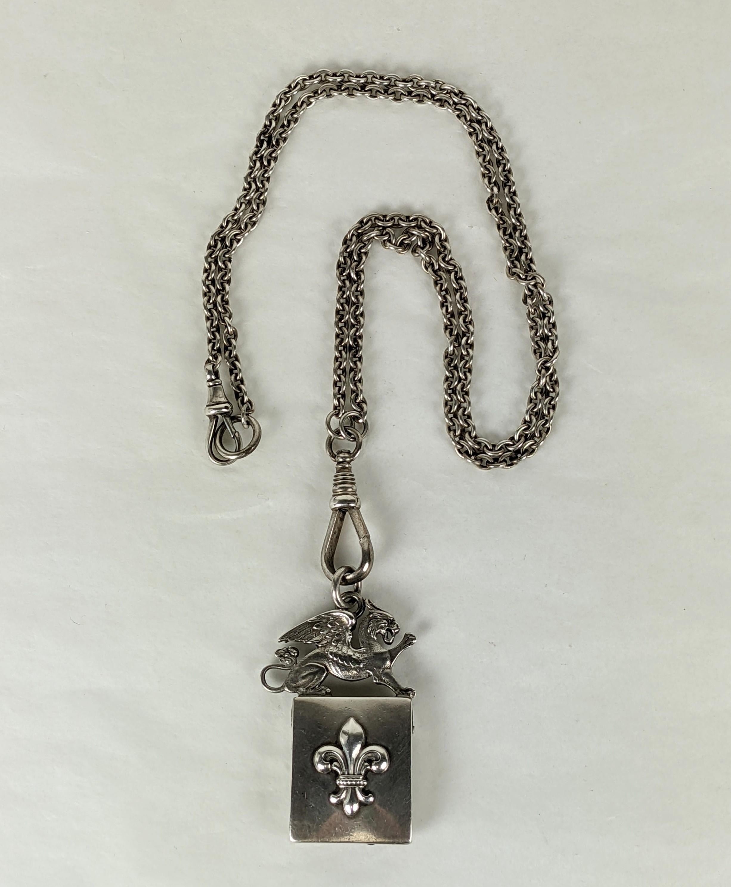 Victorian Shiebler Pendant Necklace composed of a late 19th Century winged lion whistle pendant attached to antique Victorian silver chains with heavy, period swivel clasps. Has the look of Chrome Hearts but from OVER 150 years ago. Superb quality,
