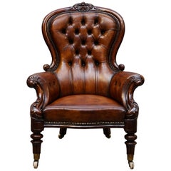 Victorian Show Frame Carved Acanthus Walnut and Brown Leather Restored Armchair