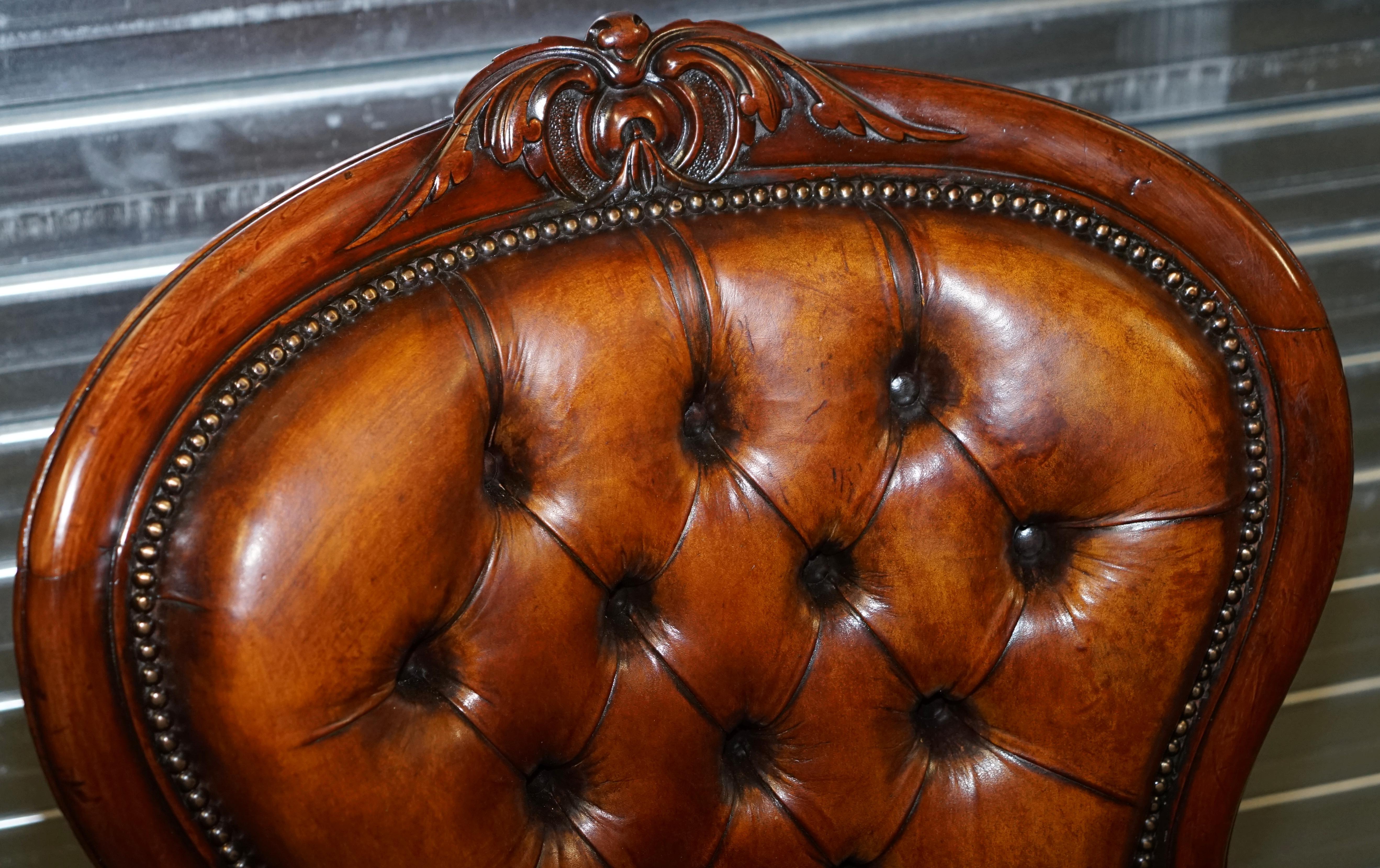 Victorian Show Frame Carved Acanthus Walnut and Brown Leather Restored Armchair 2