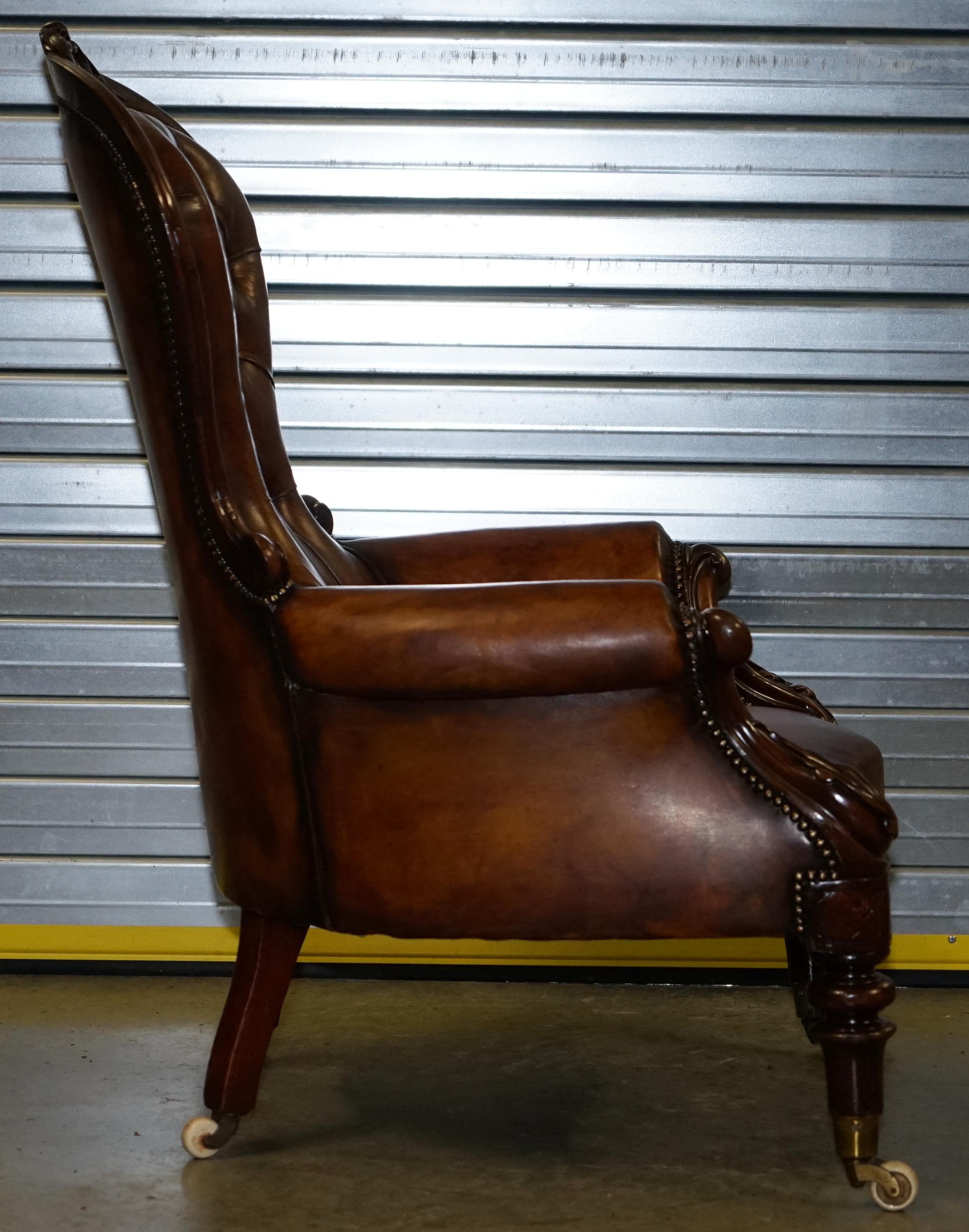 Victorian Show Frame Carved Acanthus Walnut and Brown Leather Restored Armchair 3