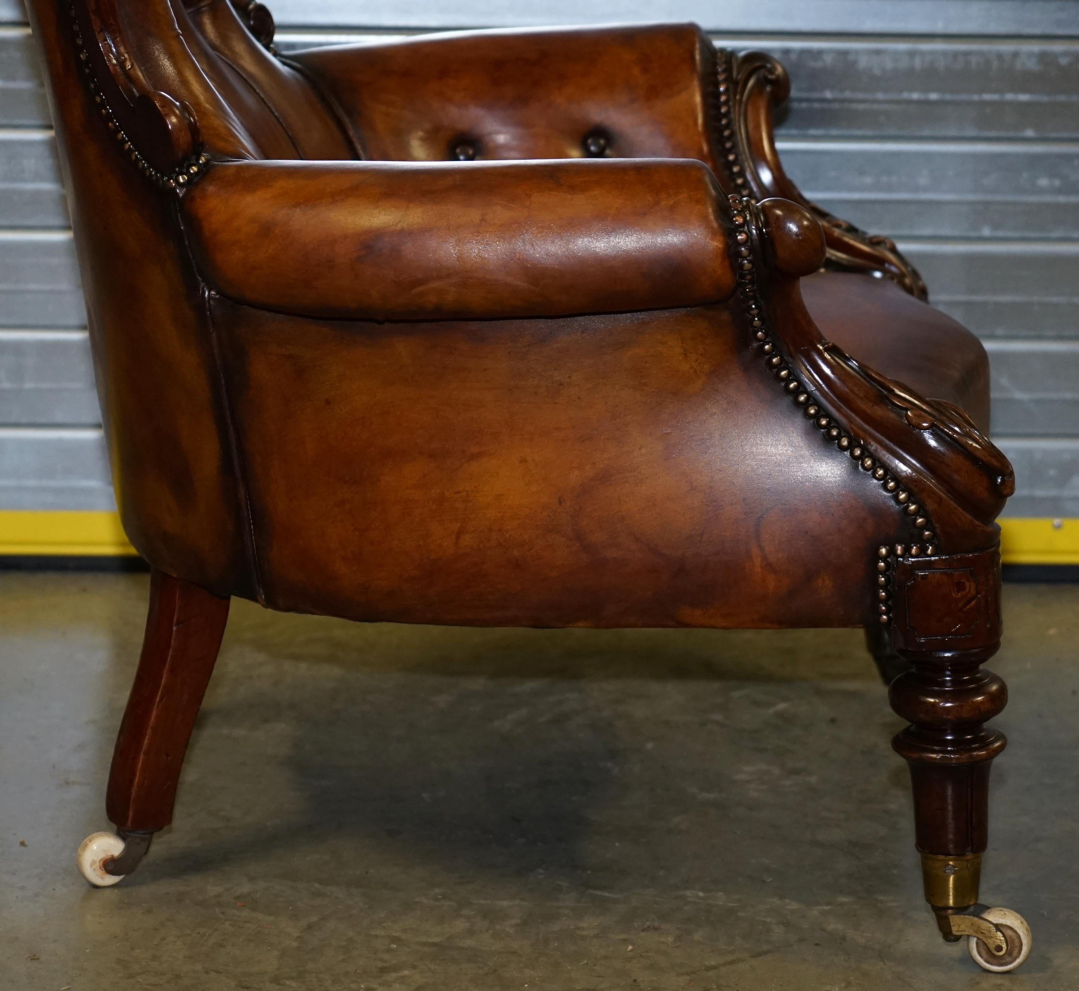 Victorian Show Frame Carved Acanthus Walnut and Brown Leather Restored Armchair 4