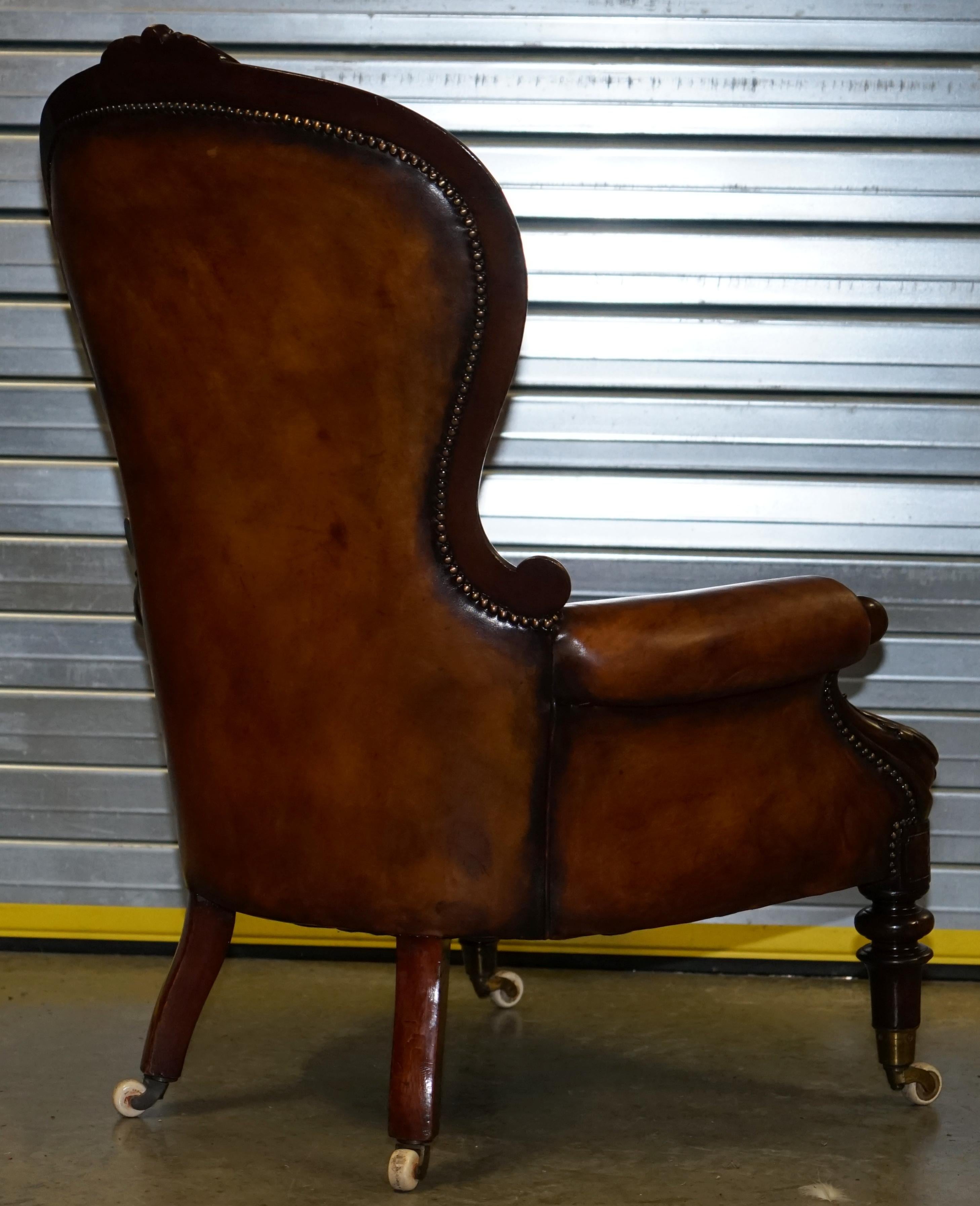 Victorian Show Frame Carved Acanthus Walnut and Brown Leather Restored Armchair 5