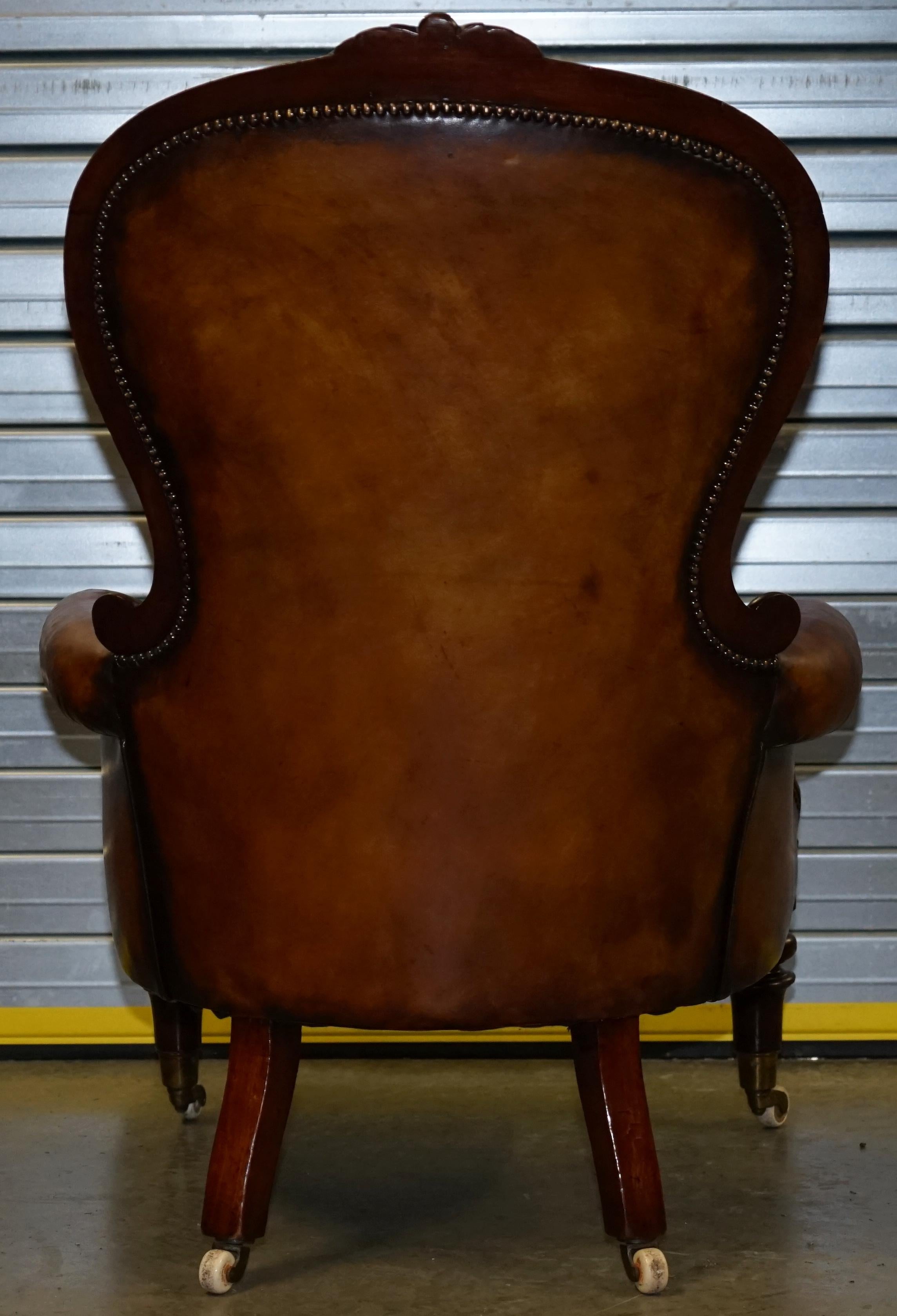 Victorian Show Frame Carved Acanthus Walnut and Brown Leather Restored Armchair 6