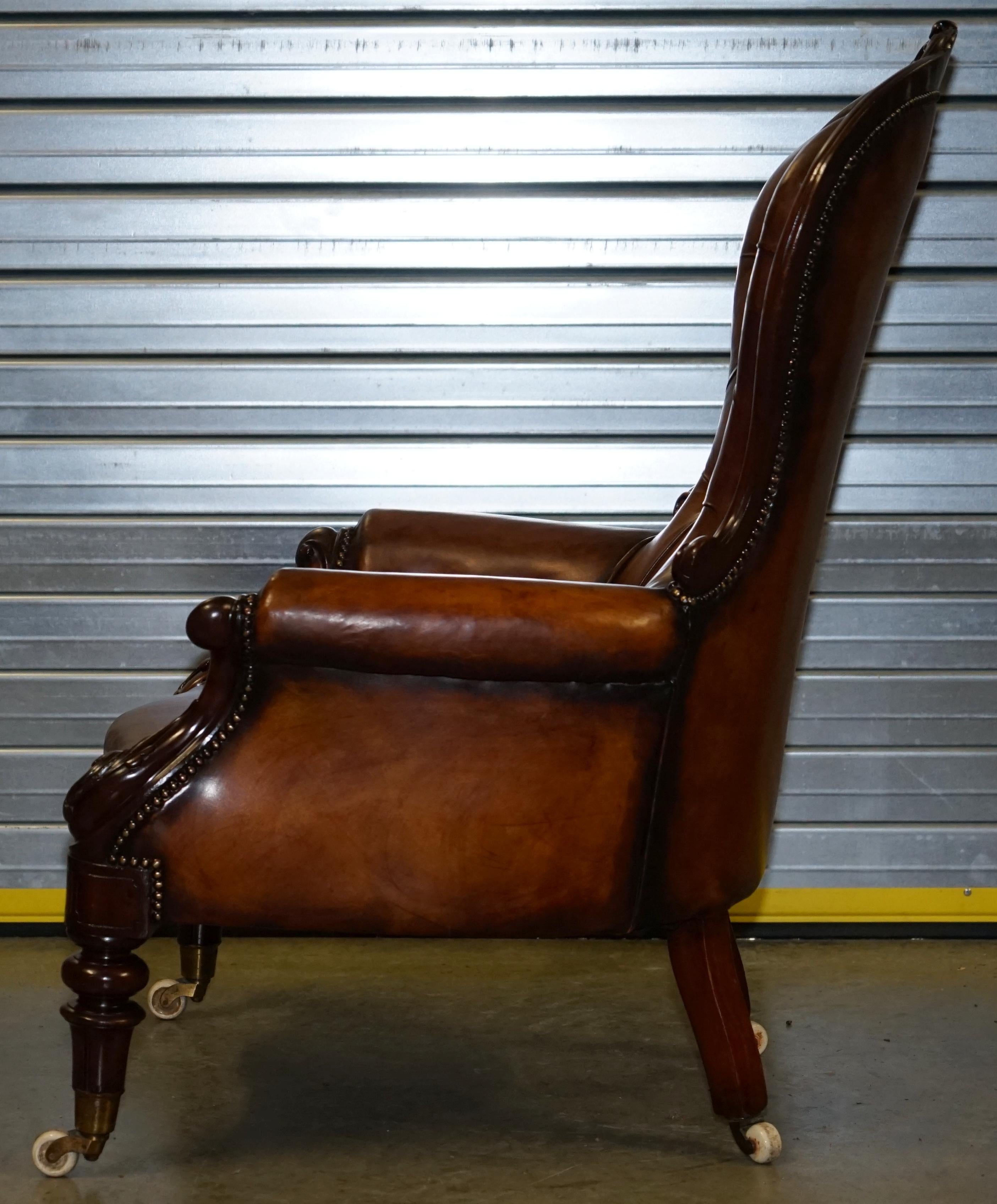 Victorian Show Frame Carved Acanthus Walnut and Brown Leather Restored Armchair 7