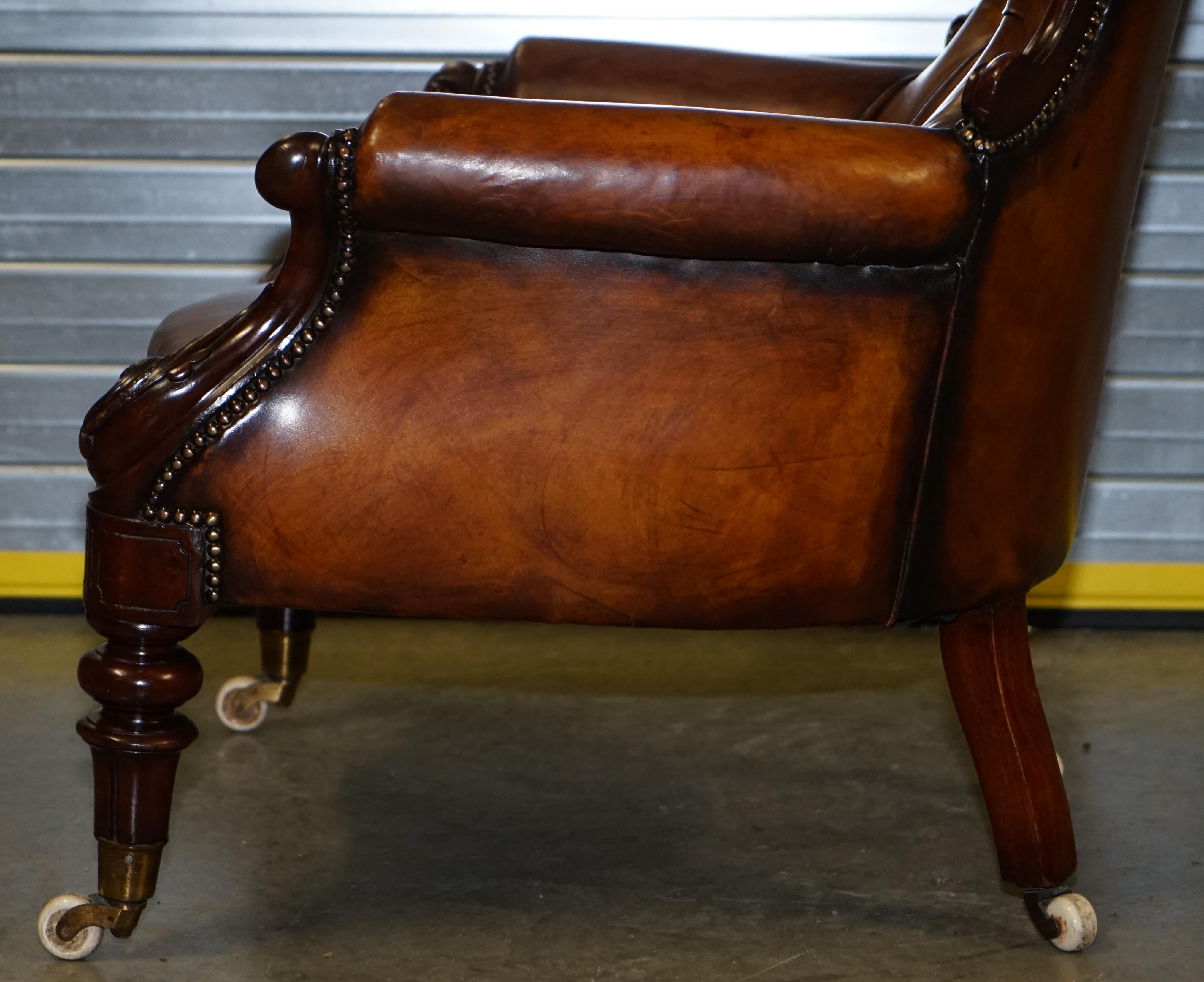 Victorian Show Frame Carved Acanthus Walnut and Brown Leather Restored Armchair 8