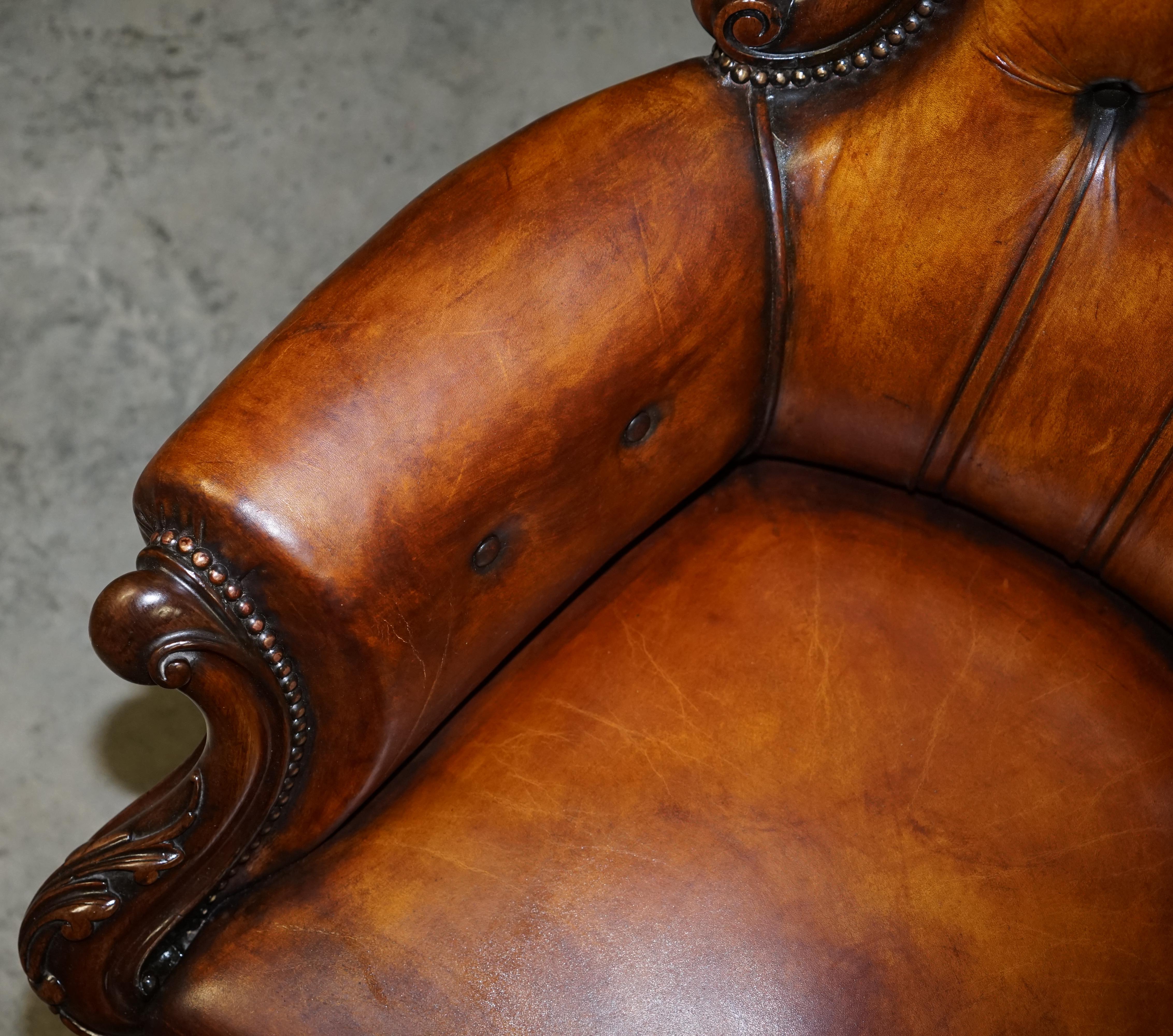 Victorian Show Frame Carved Acanthus Walnut and Brown Leather Restored Armchair 8