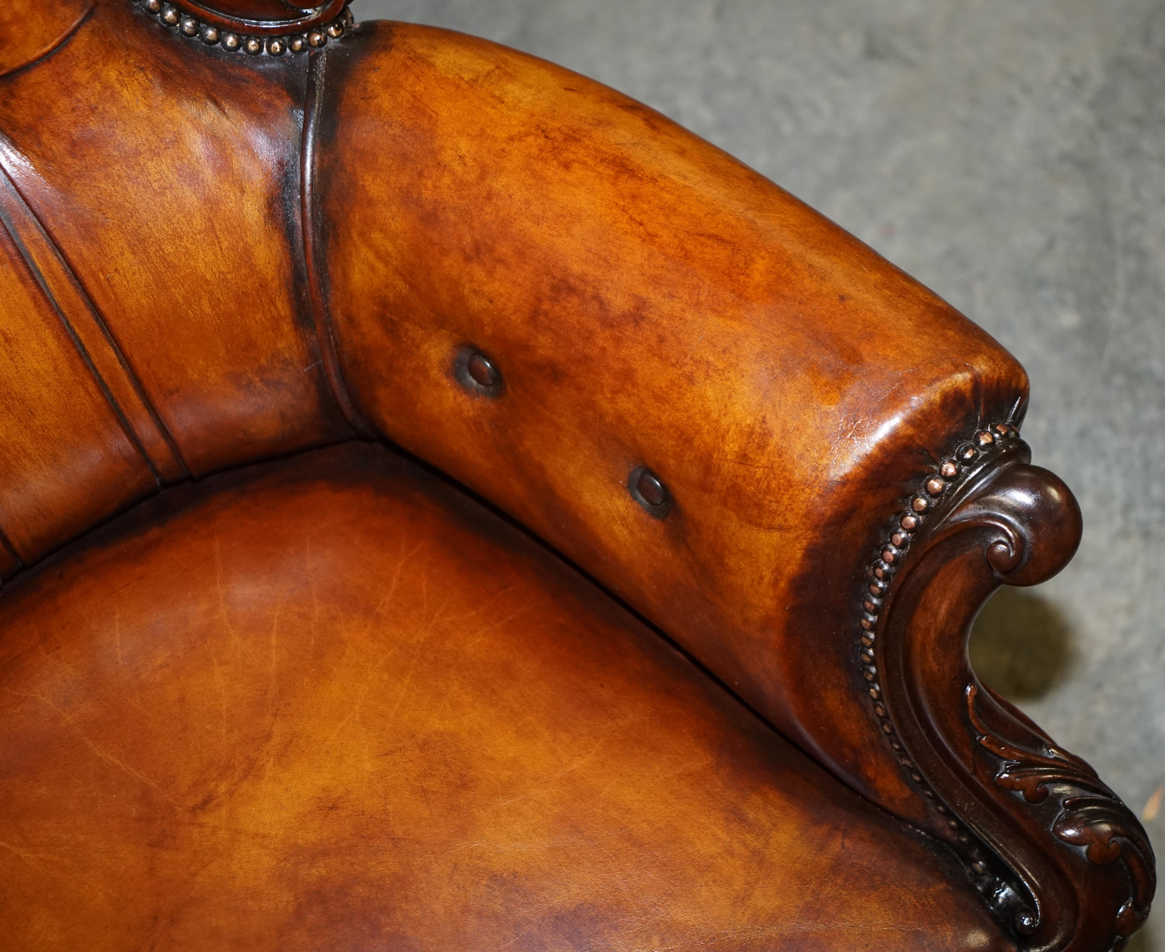 Victorian Show Frame Carved Acanthus Walnut and Brown Leather Restored Armchair 10