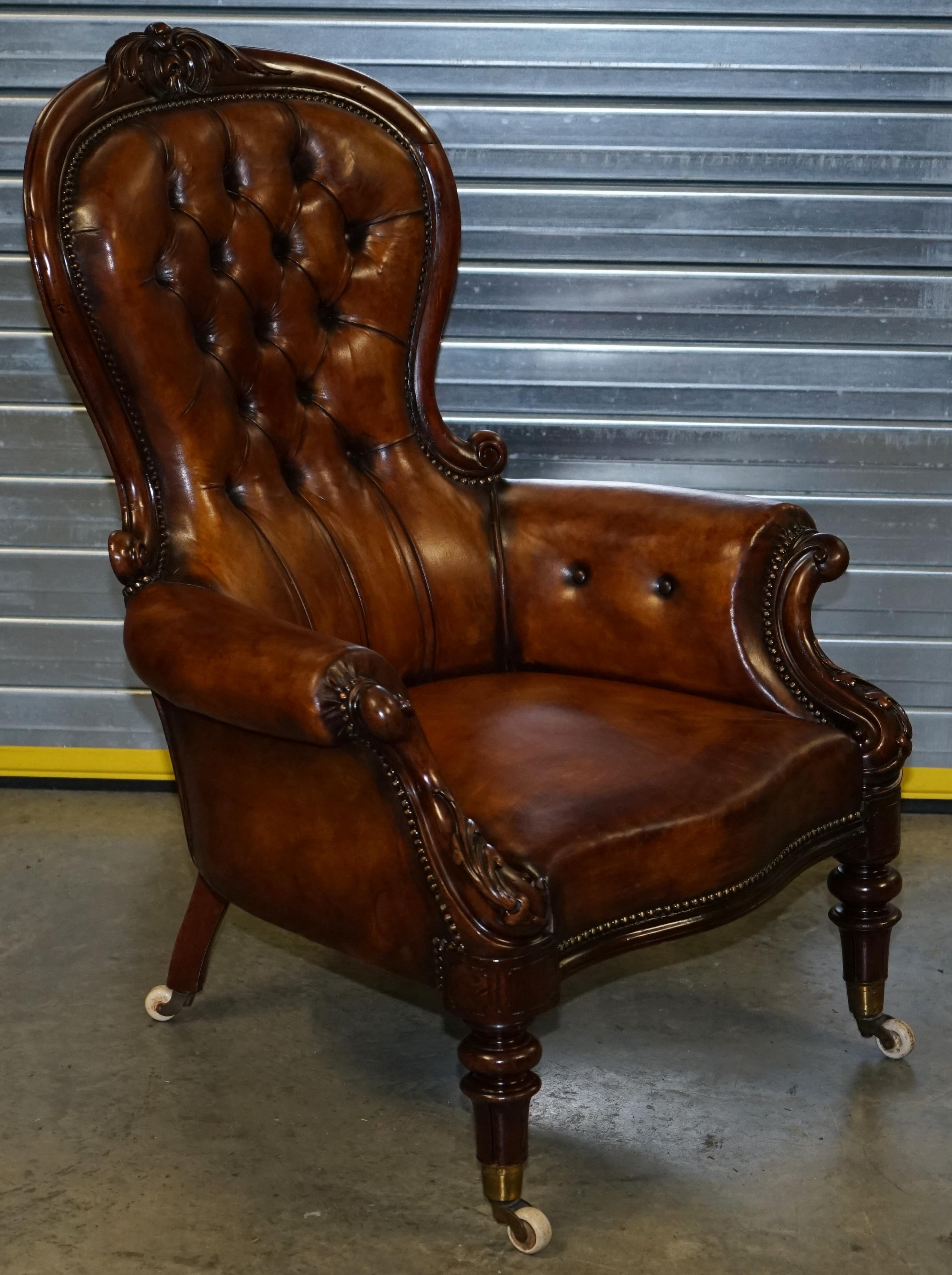 We are delighted to offer for sale this stunning fully restored Victorian spoon back armchair hand dyed this lovely whiskey brown colour

A good looking and well made piece, the chair is fully sprung to the seat base which is a sign of extreme
