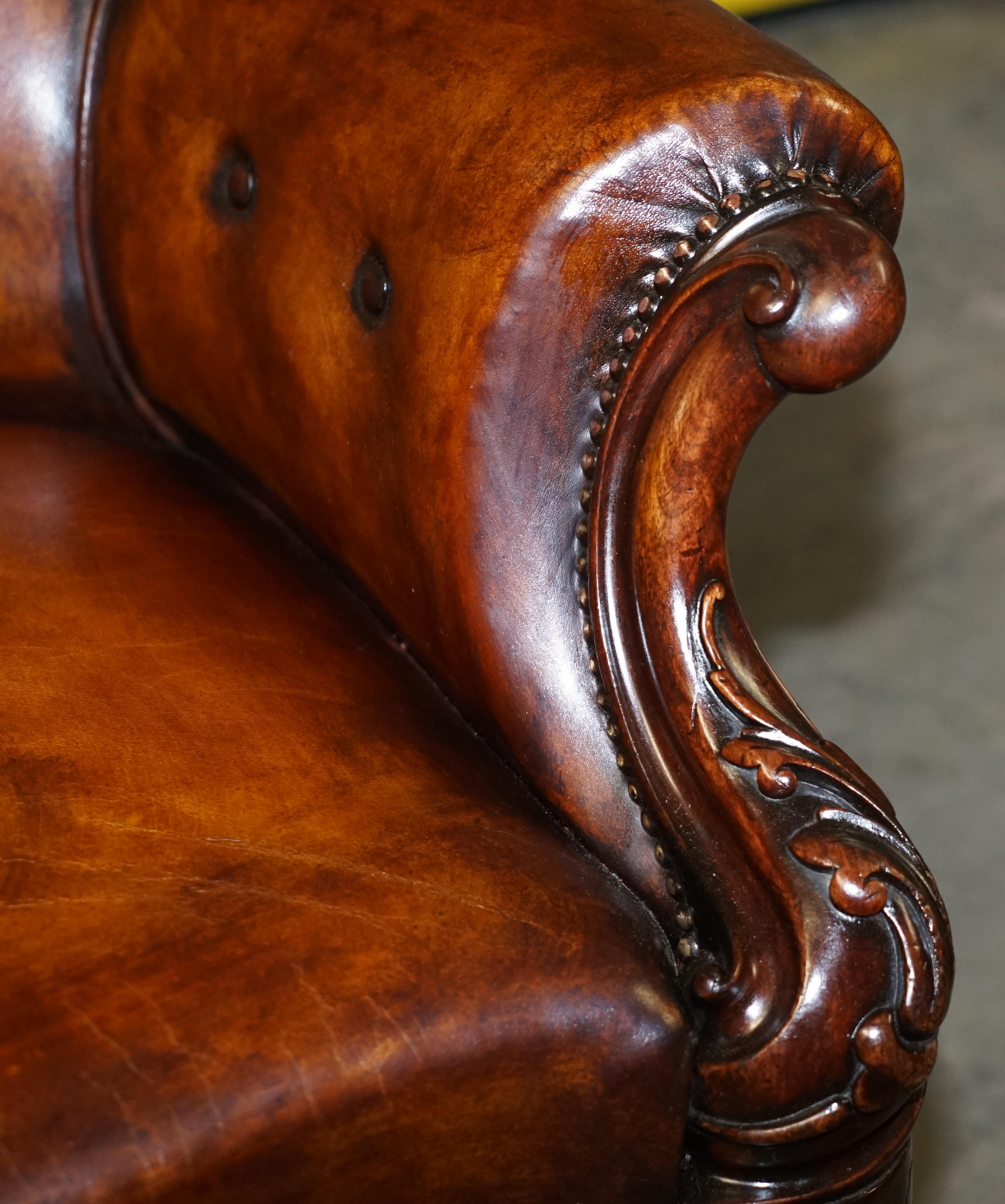 Victorian Show Frame Carved Acanthus Walnut and Brown Leather Restored Armchair 12
