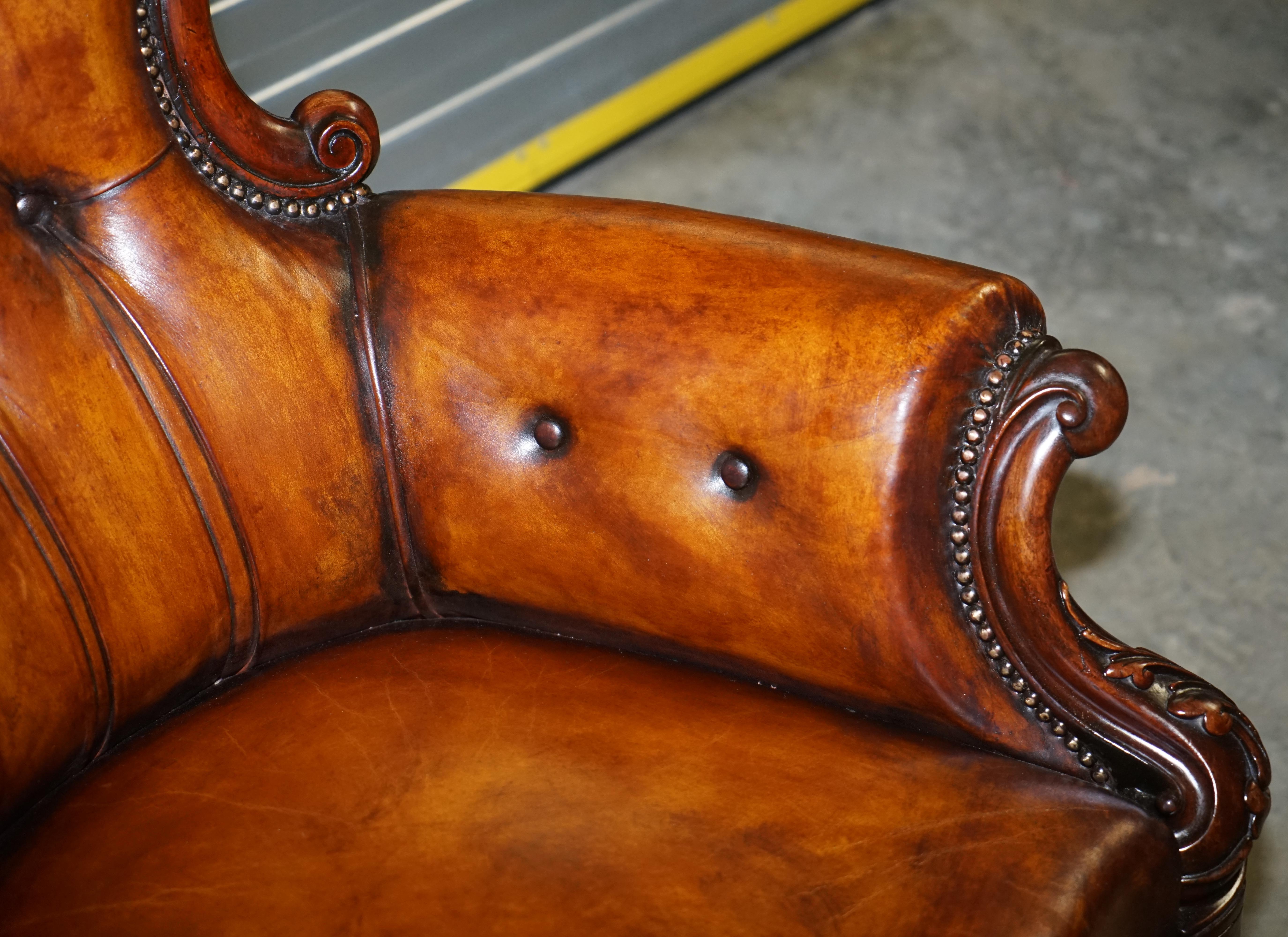 English Victorian Show Frame Carved Acanthus Walnut and Brown Leather Restored Armchair