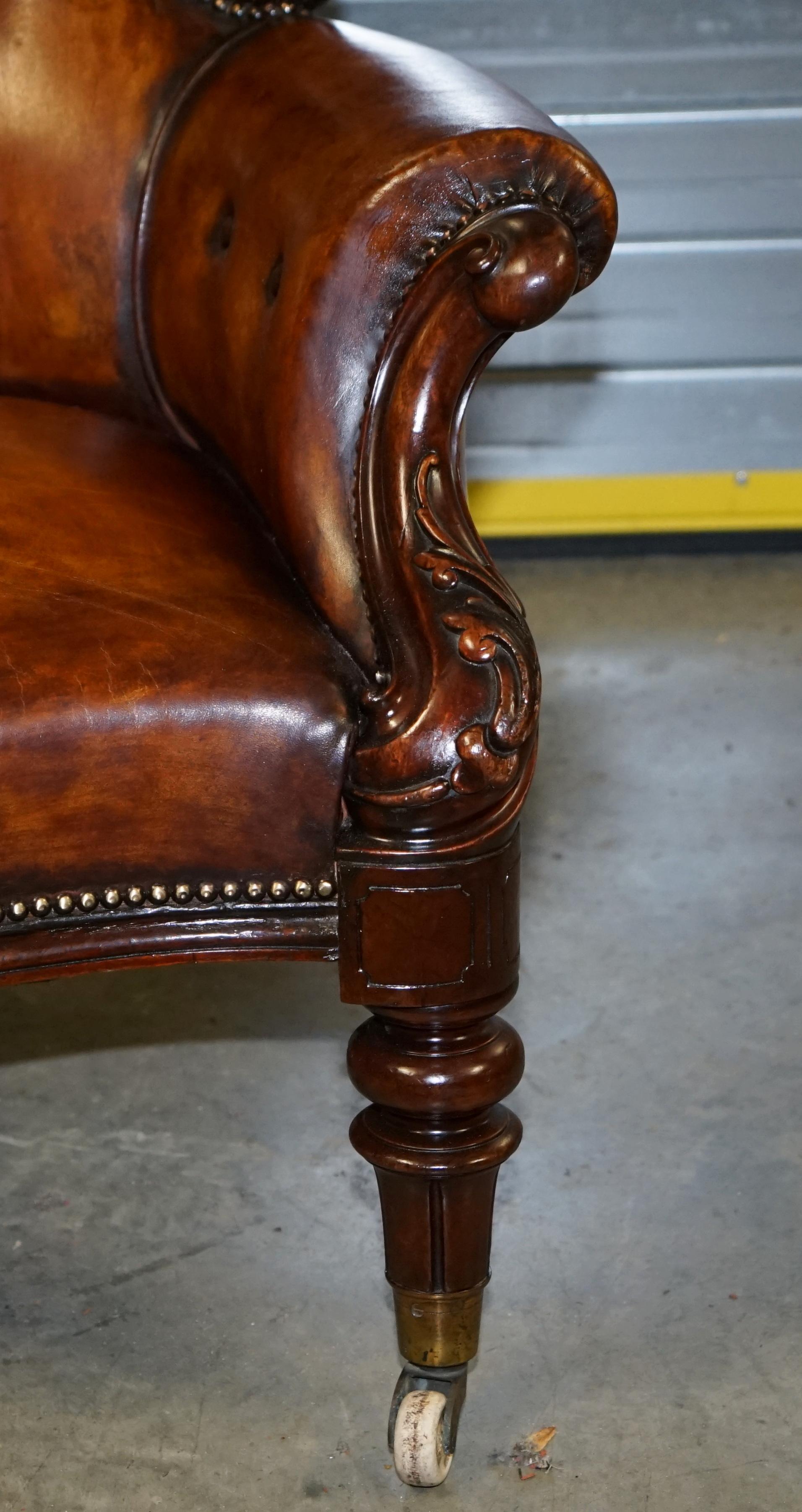 Hand-Crafted Victorian Show Frame Carved Acanthus Walnut and Brown Leather Restored Armchair