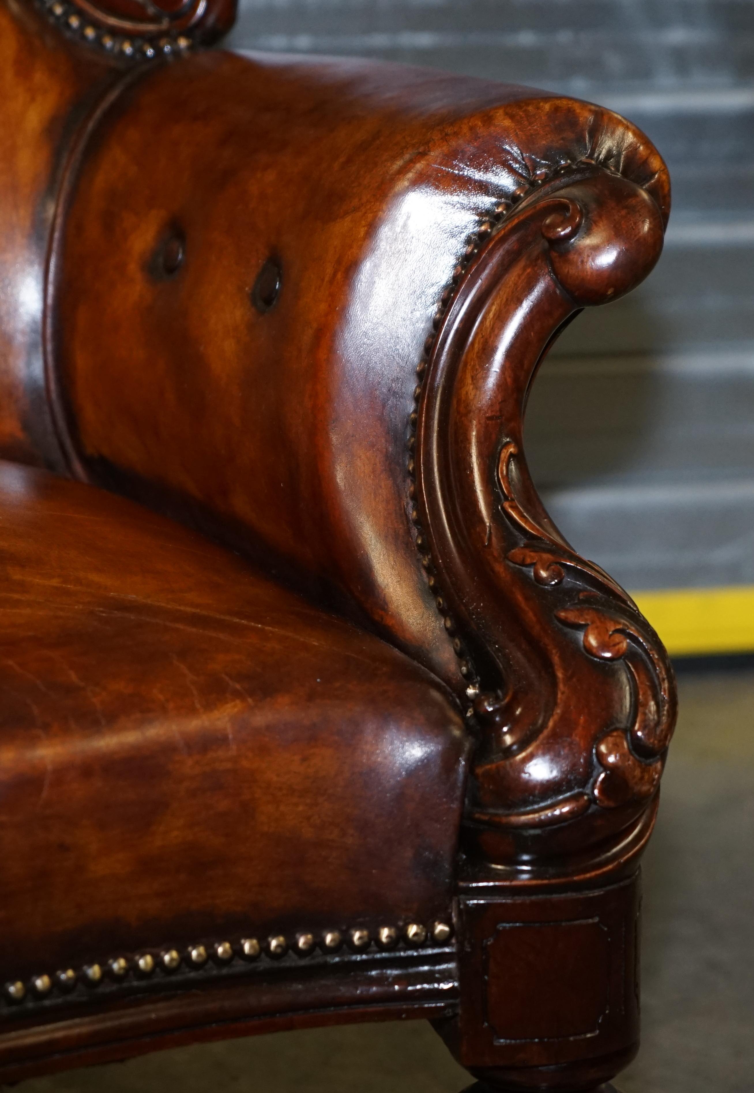 19th Century Victorian Show Frame Carved Acanthus Walnut and Brown Leather Restored Armchair