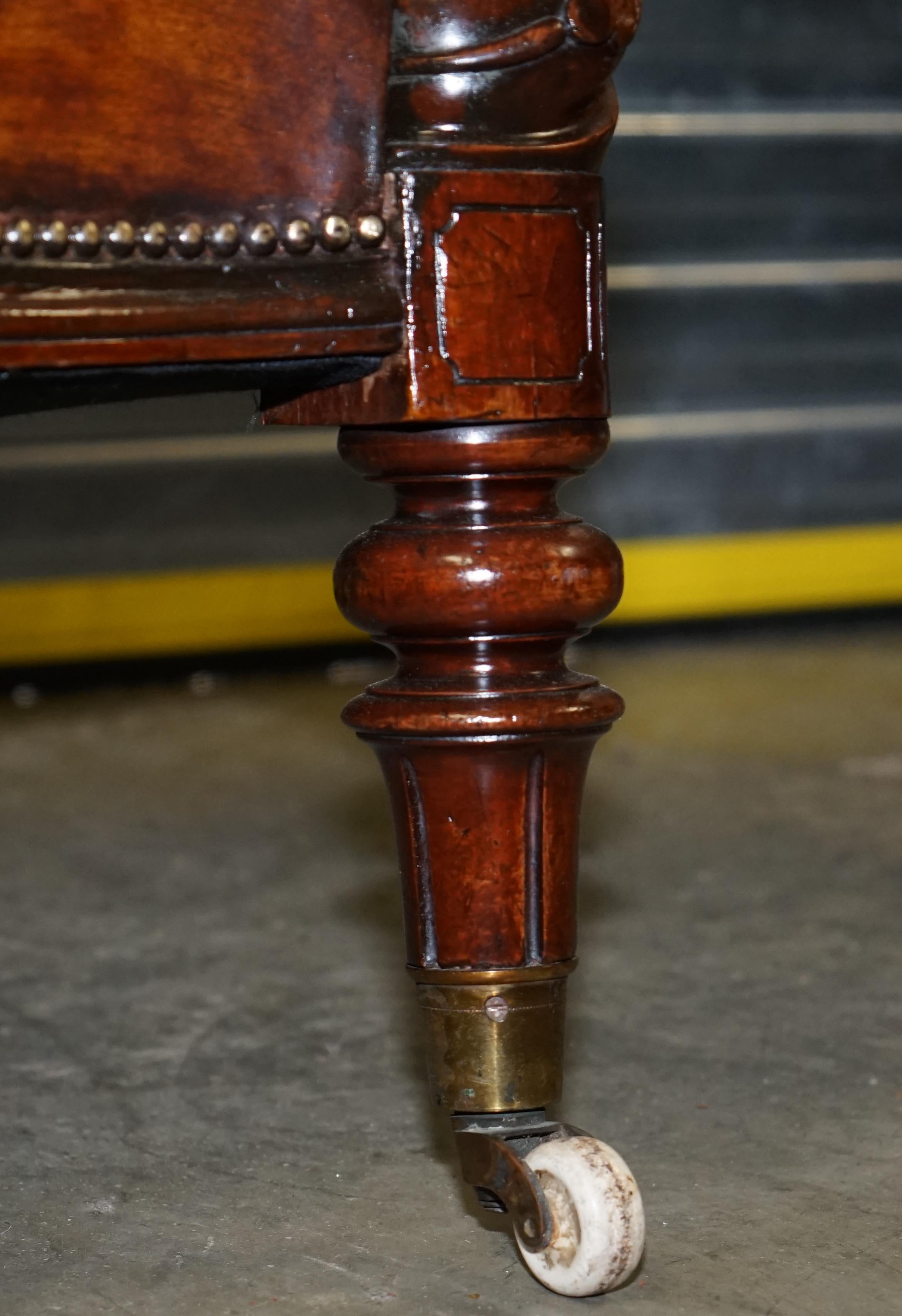 19th Century Victorian Show Frame Carved Acanthus Walnut and Brown Leather Restored Armchair